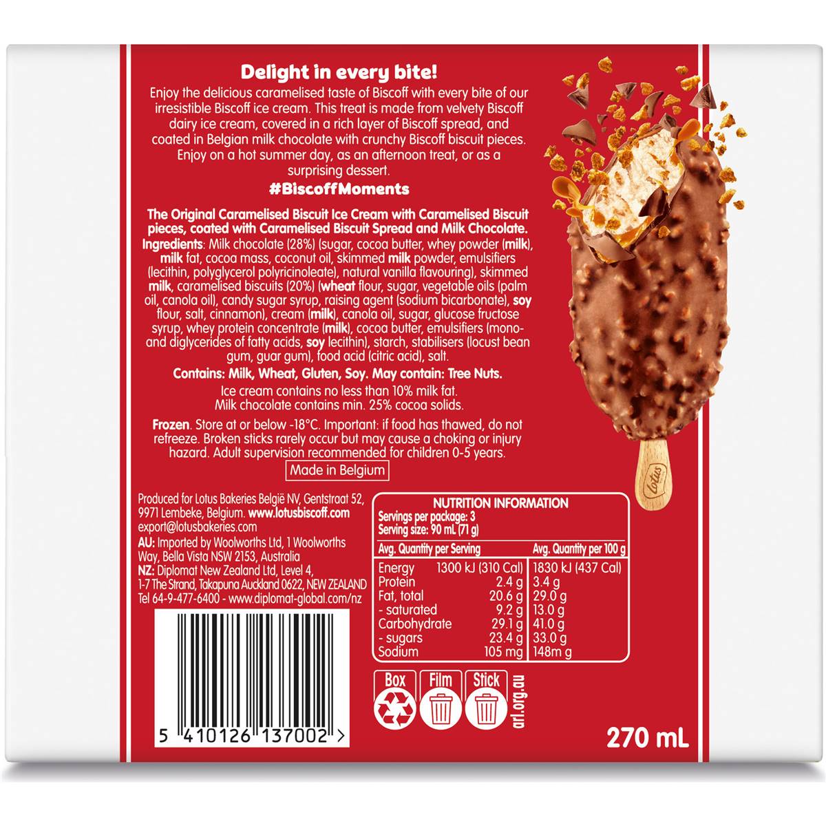 Lotus Biscoff Milk Chocolate Ice Cream Sticks 3 Pack Woolworths