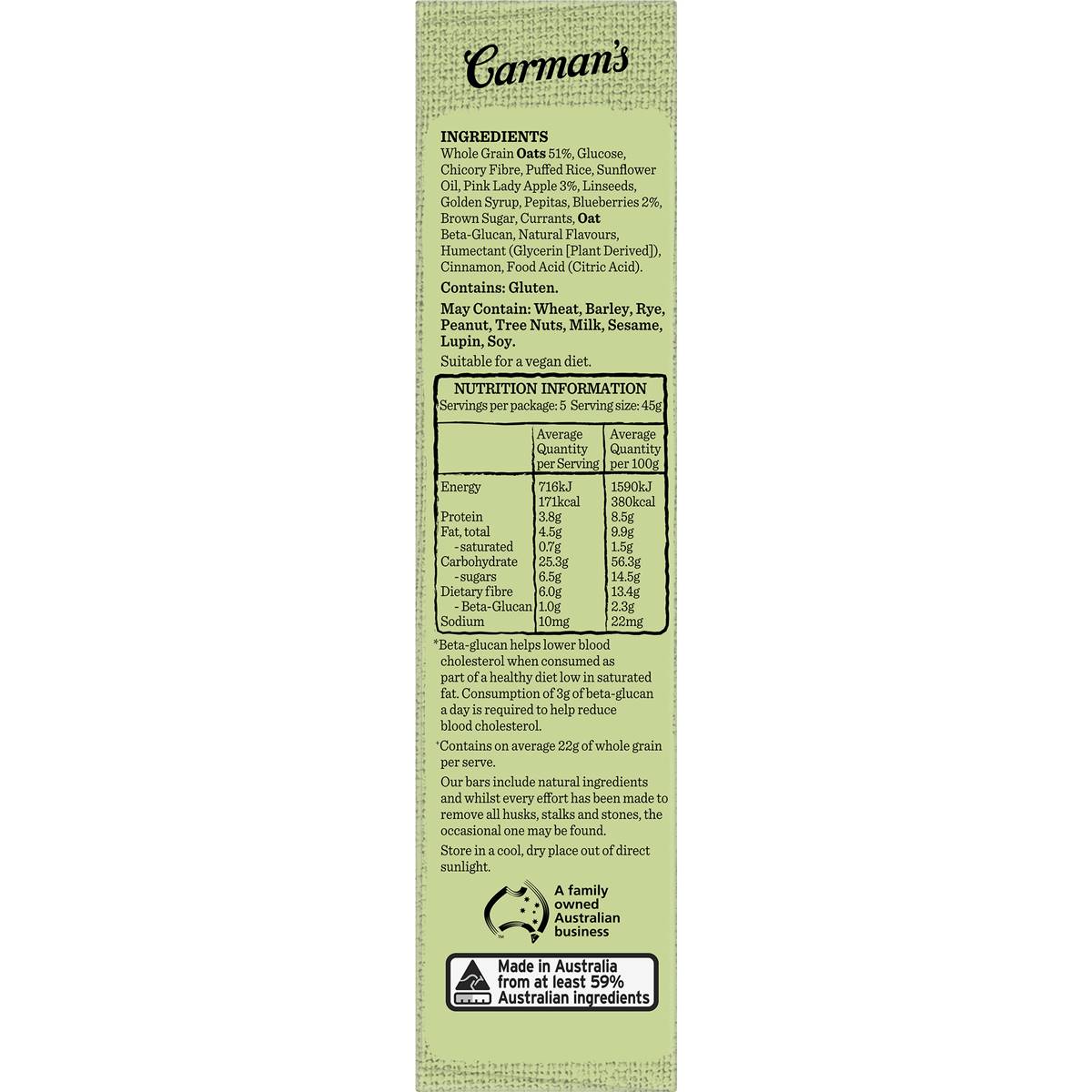 Carman's Muesli Bars Cholesterol Lowering Apple & Blueberry 5 Pack Woolworths