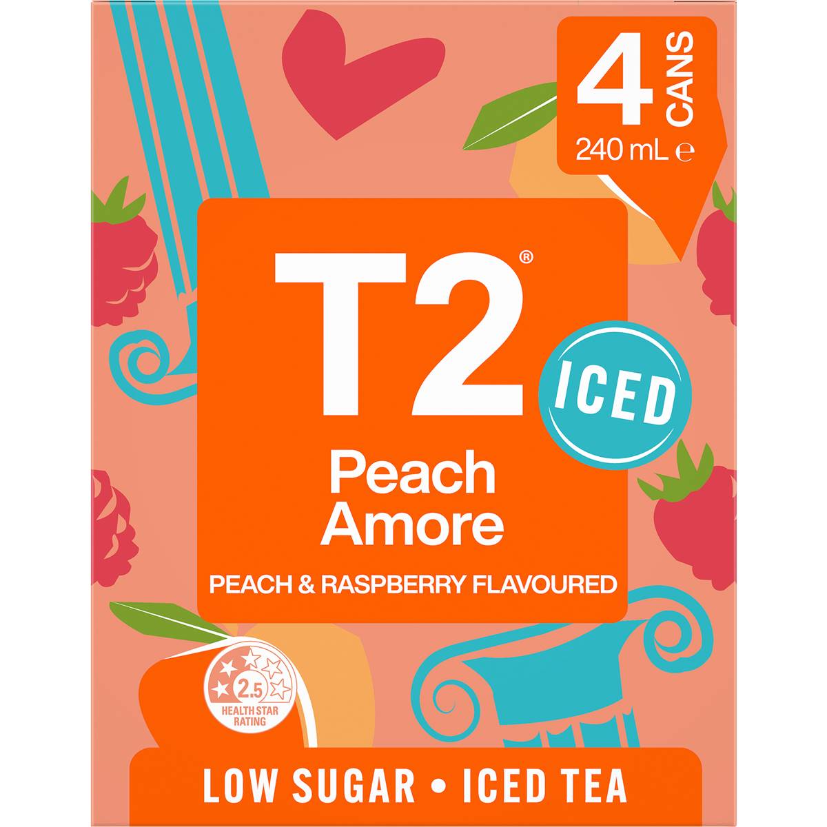 T2 Tea Iced Tea Peach Amore Raspberry Low Sugar Ice Tea Cans 240ml X 4