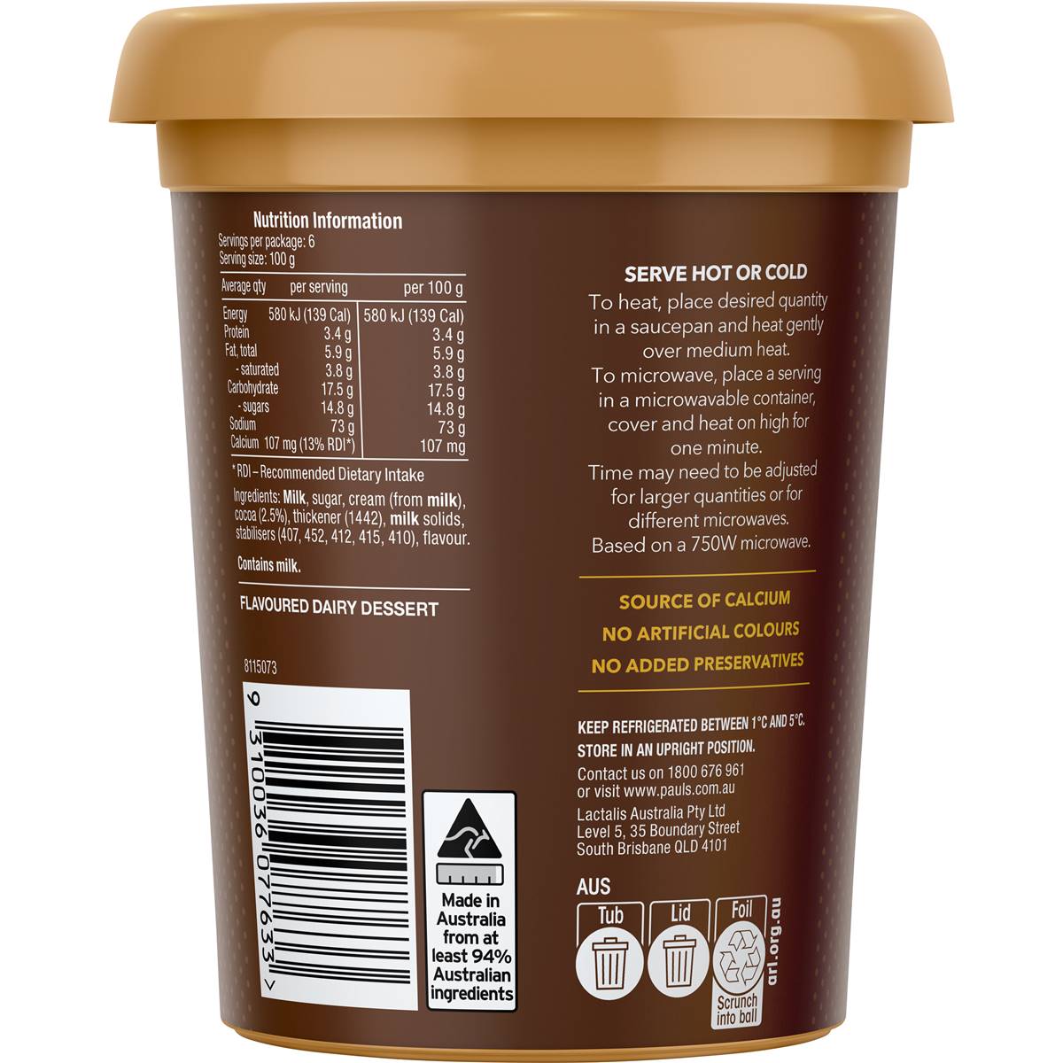 Pauls Premium Custard Dark Chocolate 600g | Woolworths