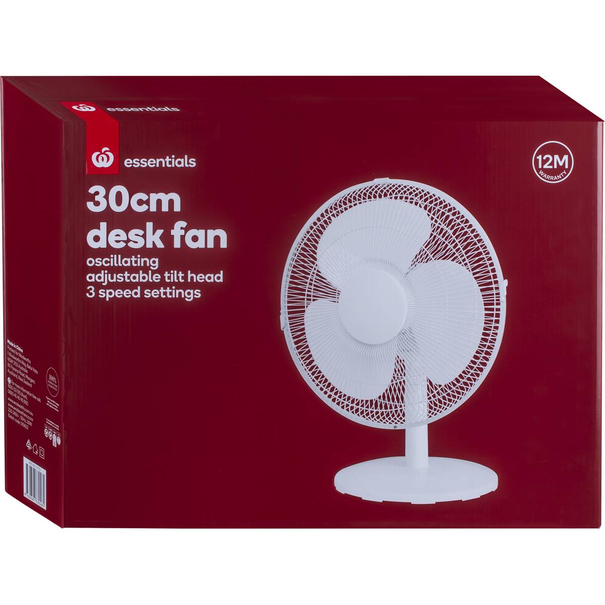Essentials Oscillating Desk Fan 3 Speed 30cm White Each Woolworths