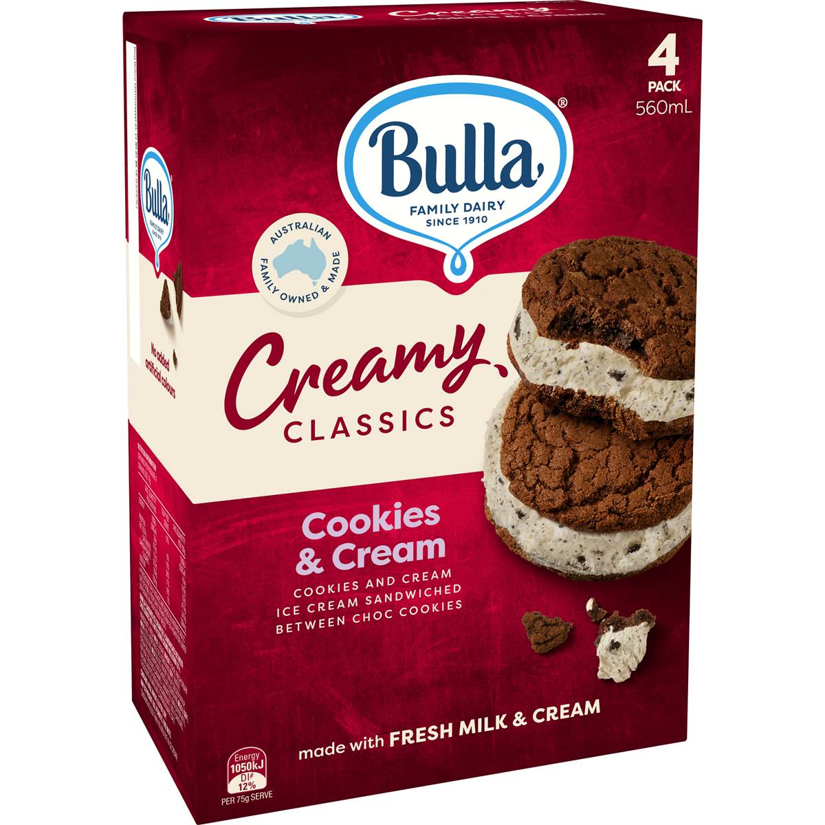 Bulla Creamy Classics Cookies & Cream 4 Pack Woolworths