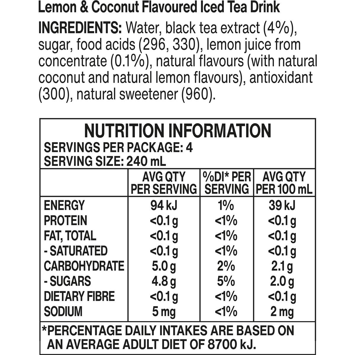 T2 Tea Iced Tea Lemon Coco Breeze Low Sugar Ice Tea Multipack Cans