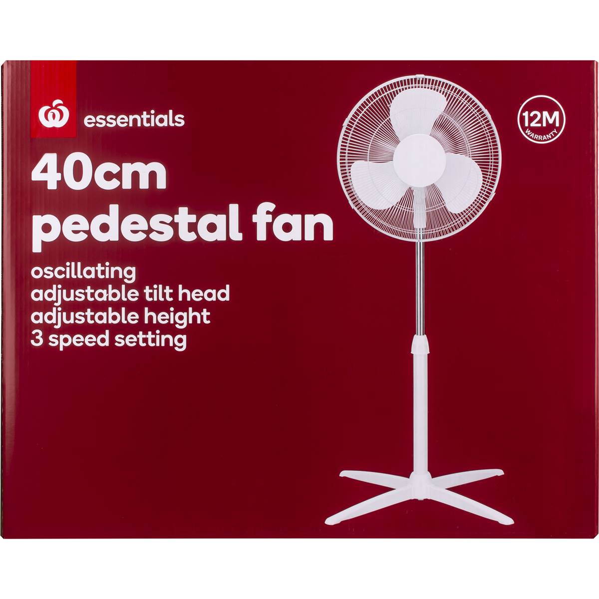 Essentials Oscillating Pedestal Fan 3 Speed 40cm White Each Woolworths