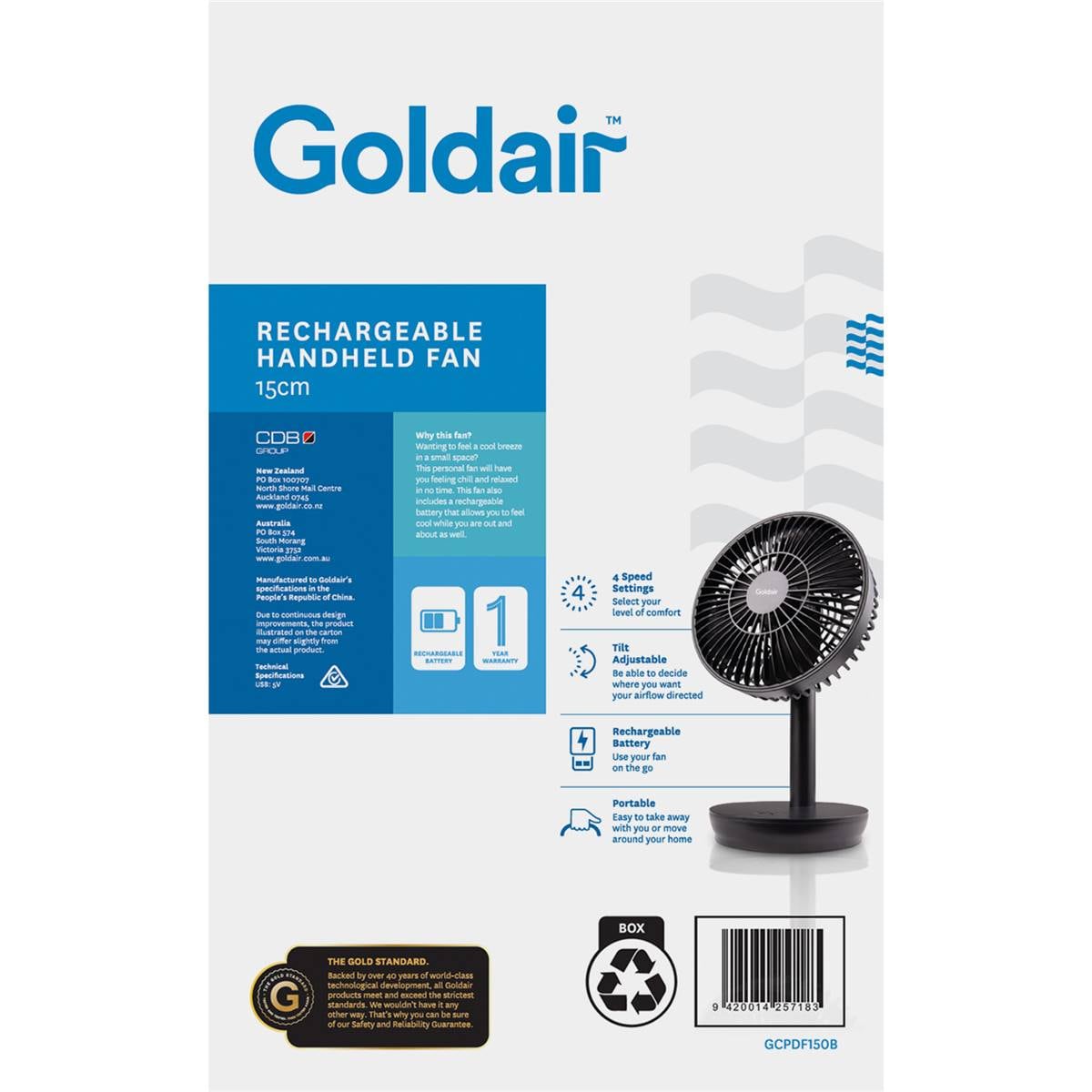 Goldair Rechargeable Desk Fan 15cm Black Each Woolworths