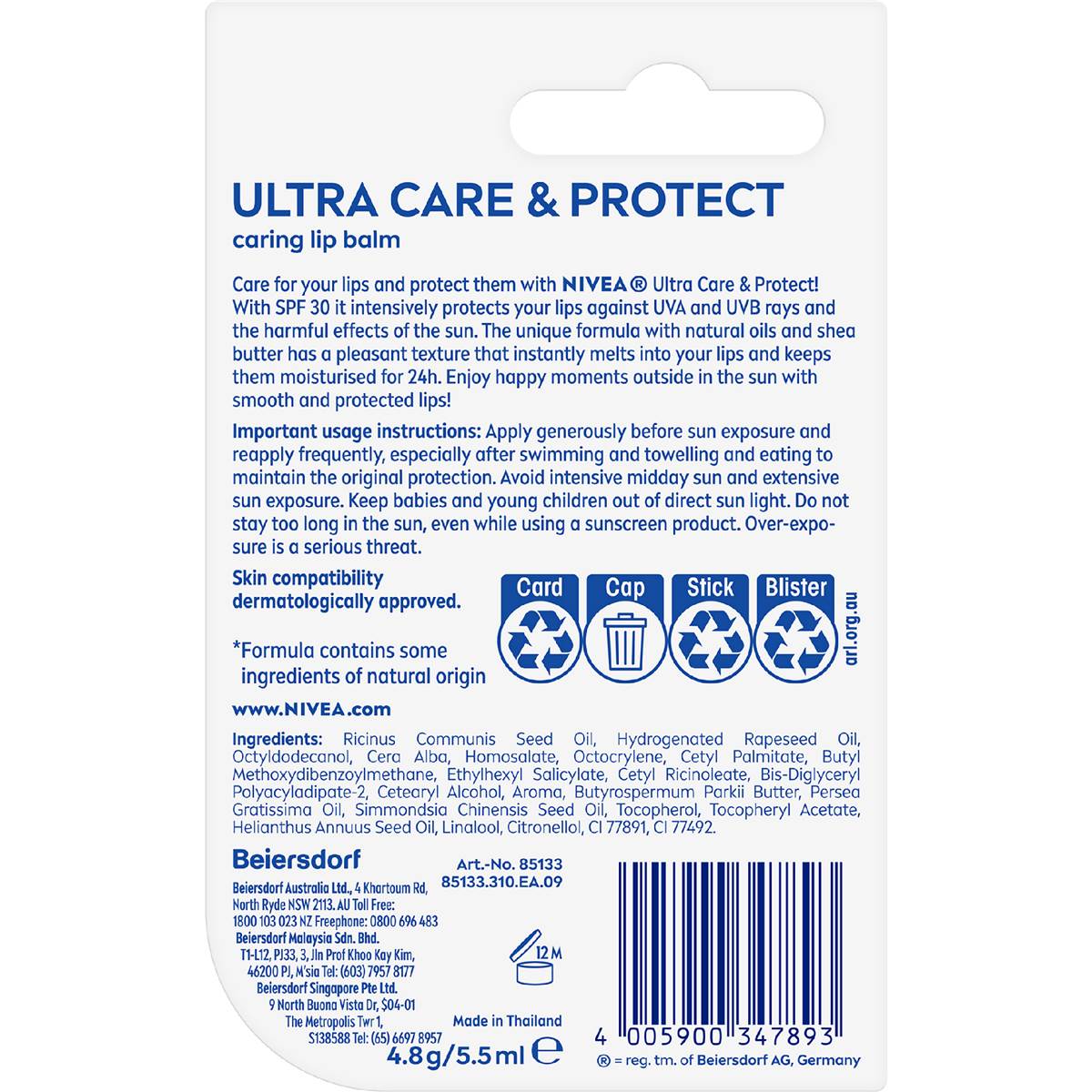 Nivea Lip Balm Ultra Care And Protect Spf 30 Each Woolworths