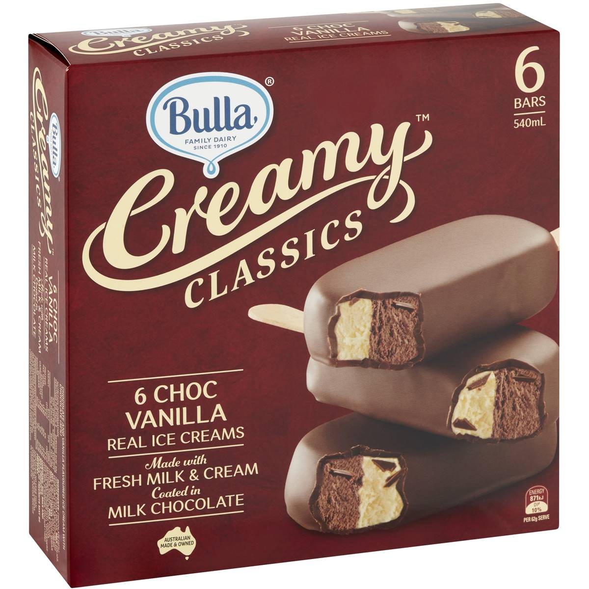 Bulla Creamy Classics Ice Cream Choc Vanilla Twins 6 Pack Woolworths 8386