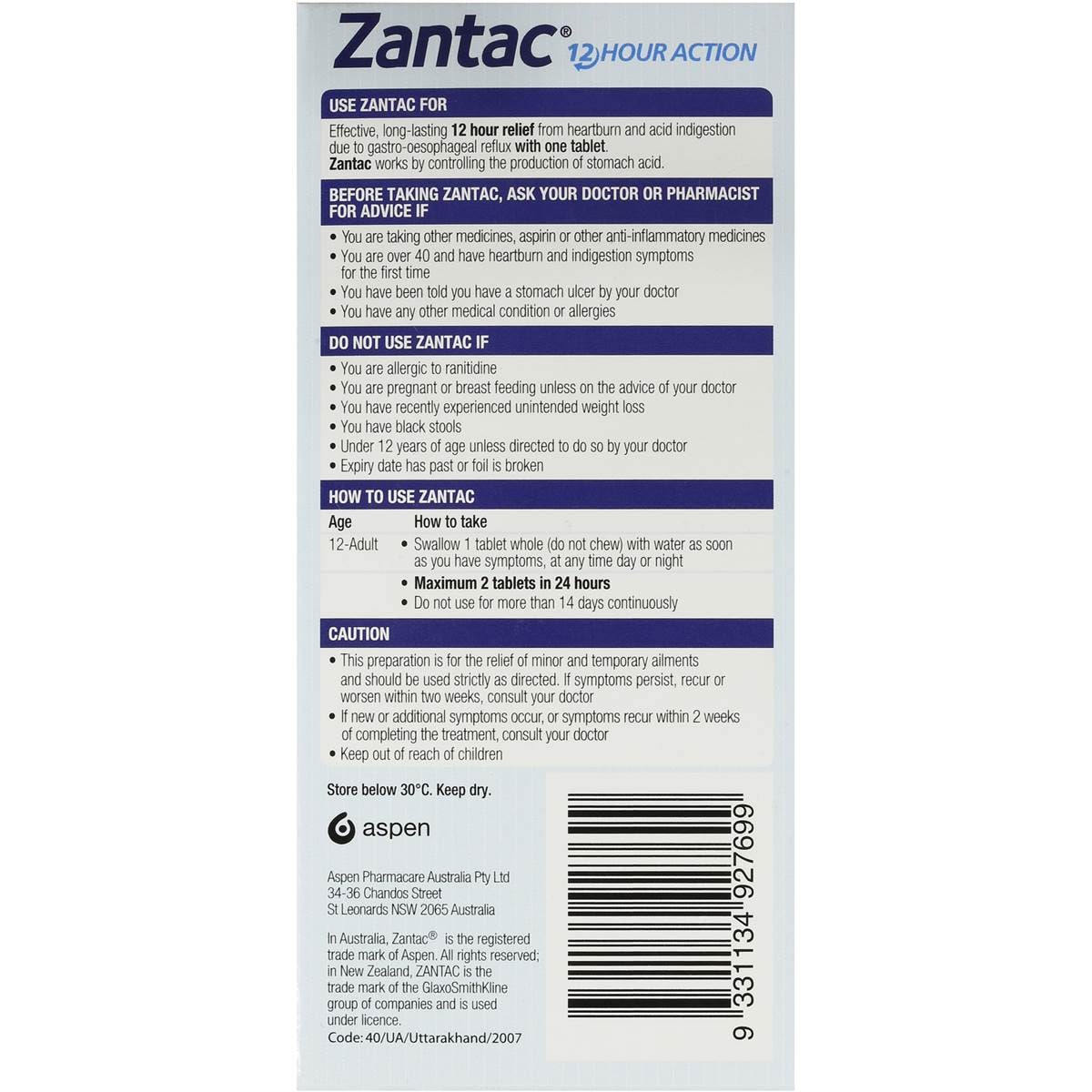 Zantac 12hr Heartburn Relief Tablets 150mg 14pk Woolworths