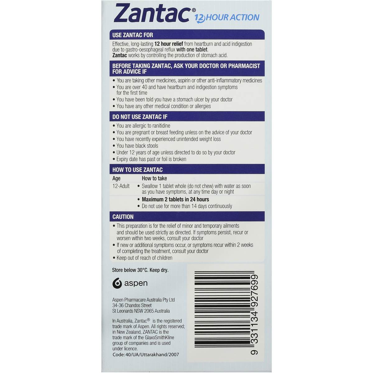 Zantac 12hr Heartburn Relief Tablets 150mg 14pk | Woolworths