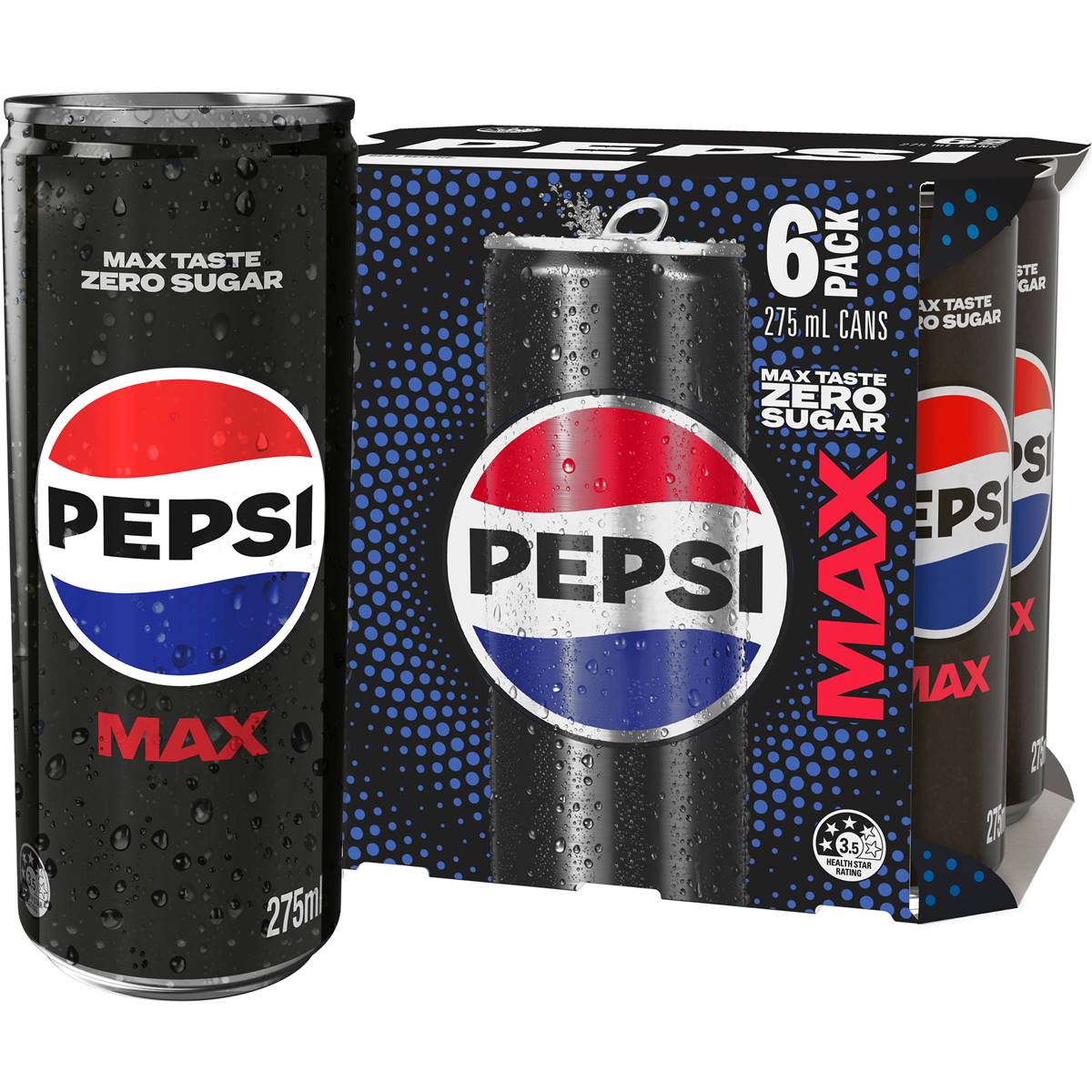Pepsi Max No Sugar Cola Soft Drink Mini Cans Multipack 275ml X 6 Pack 