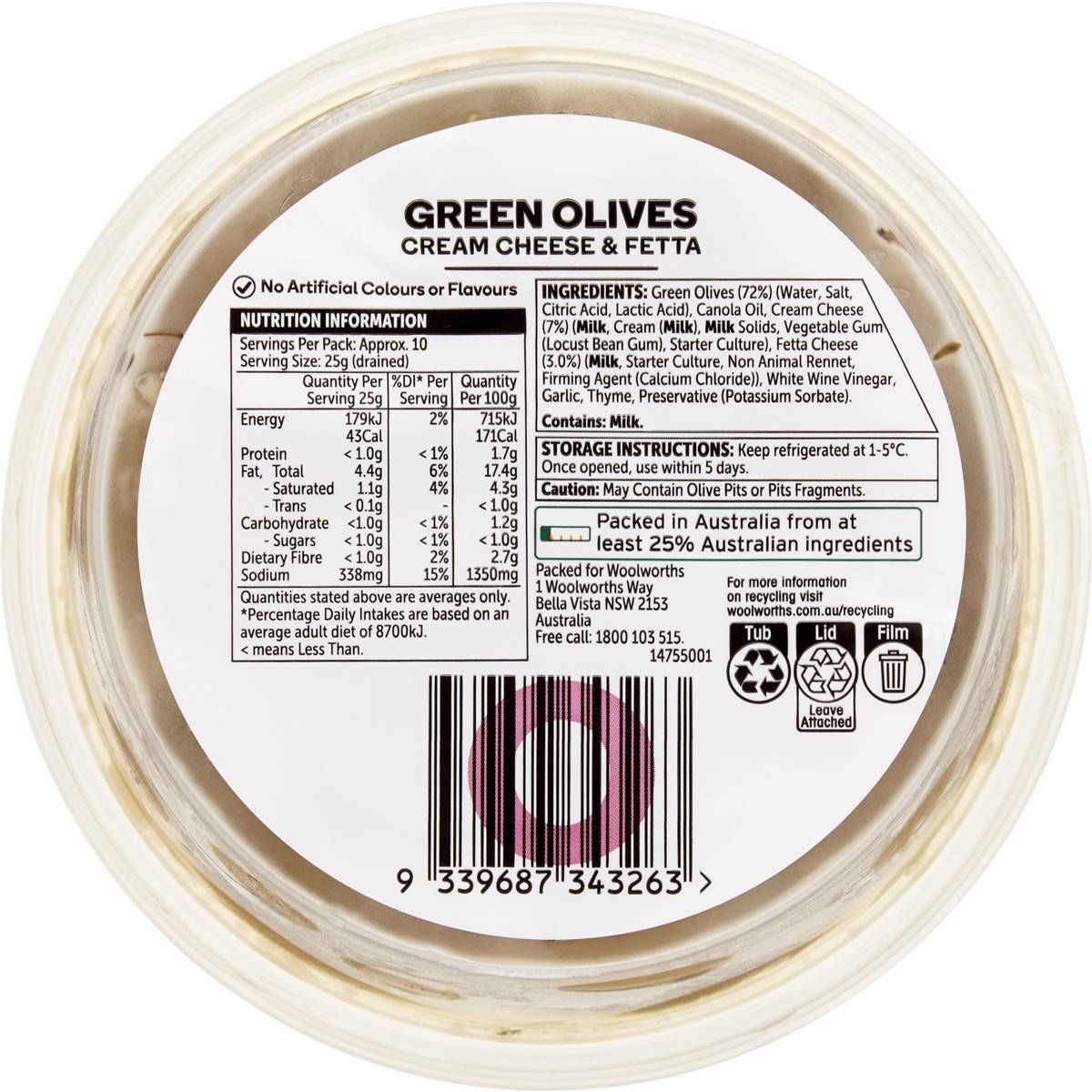 Woolworths Green Olives Cream Cheese & Fetta 300g Woolworths