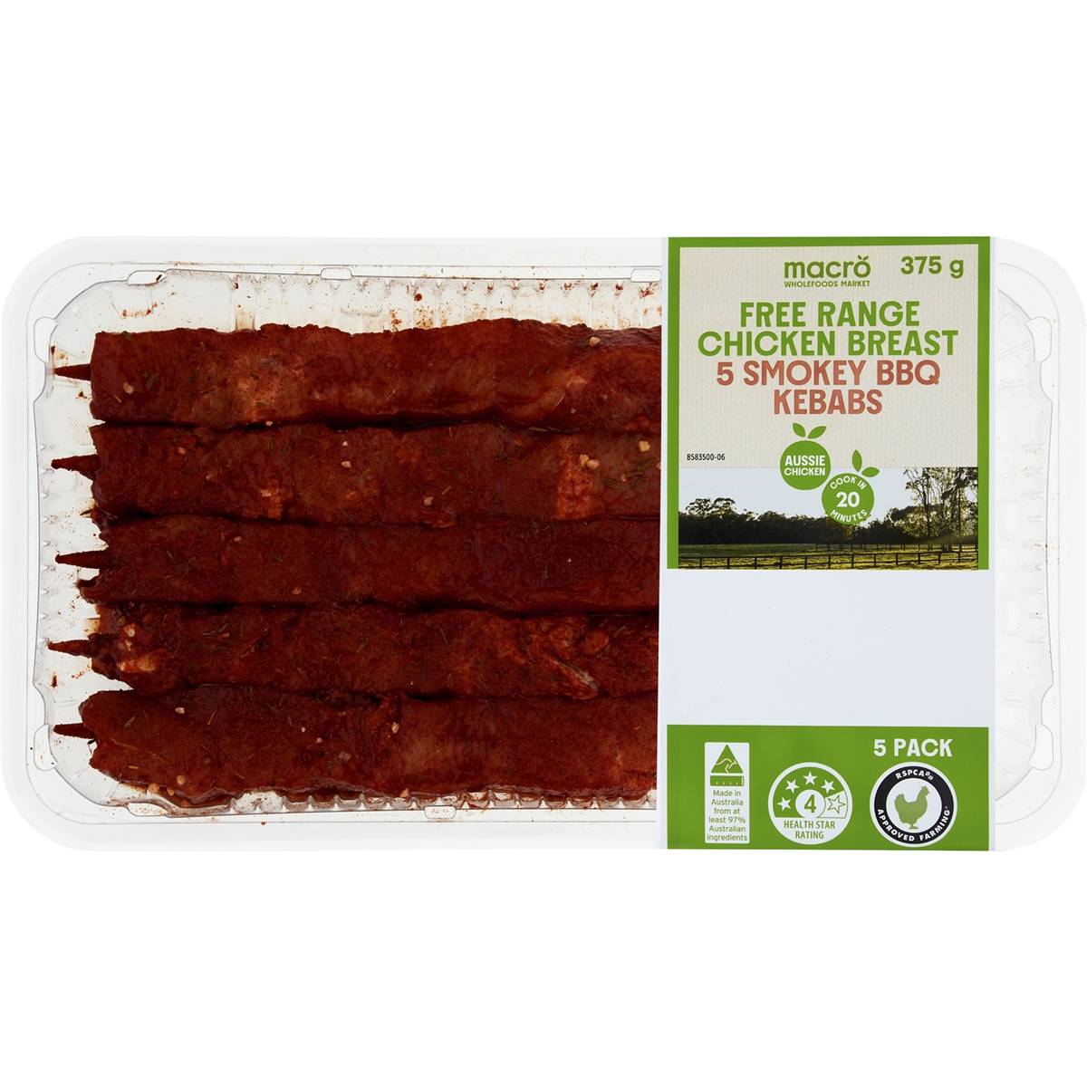 Macro Free Range Chicken Breast 5 Smokey Bbq Kebabs 375g Woolworths