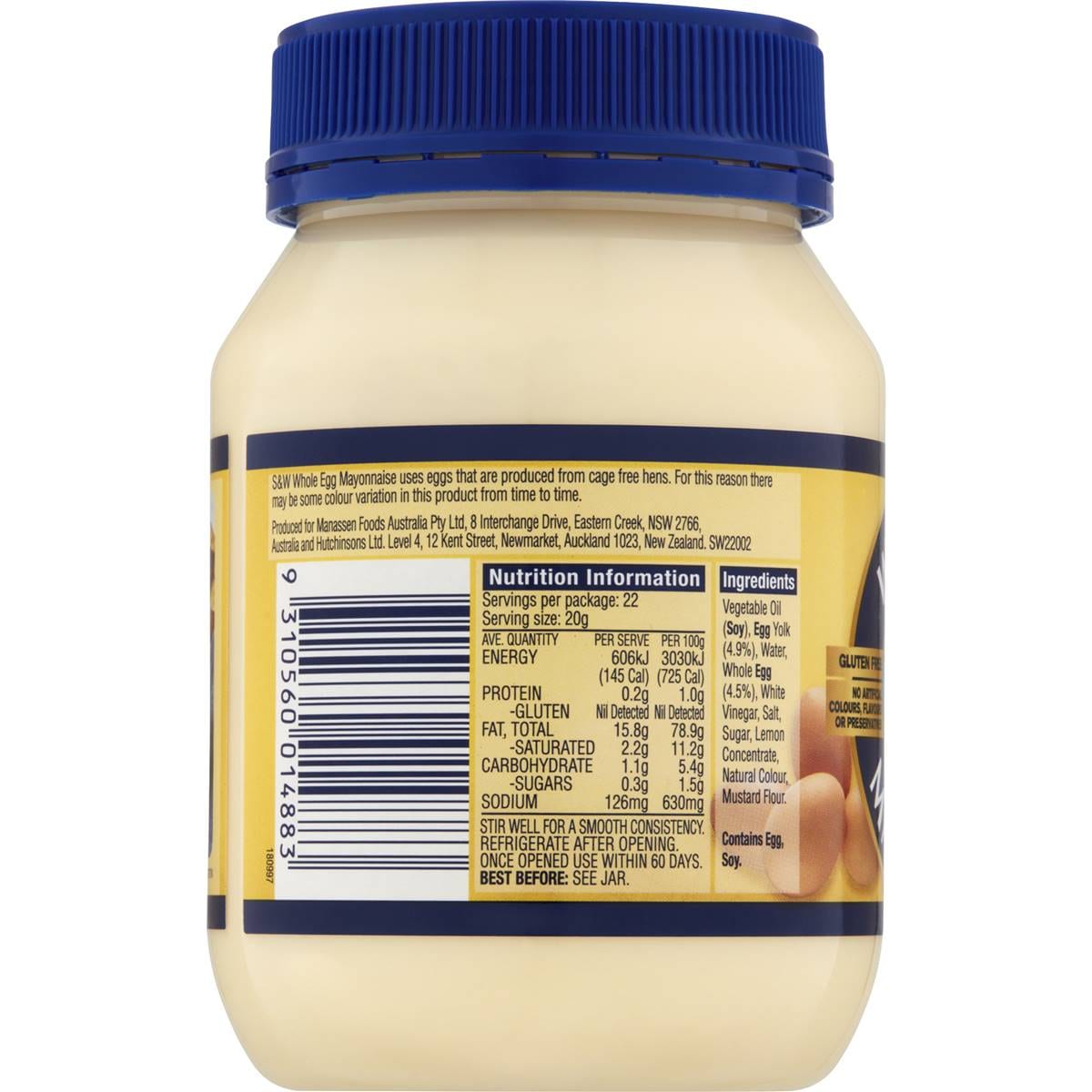 S&w Mayonnaise Whole Egg 440g Woolworths