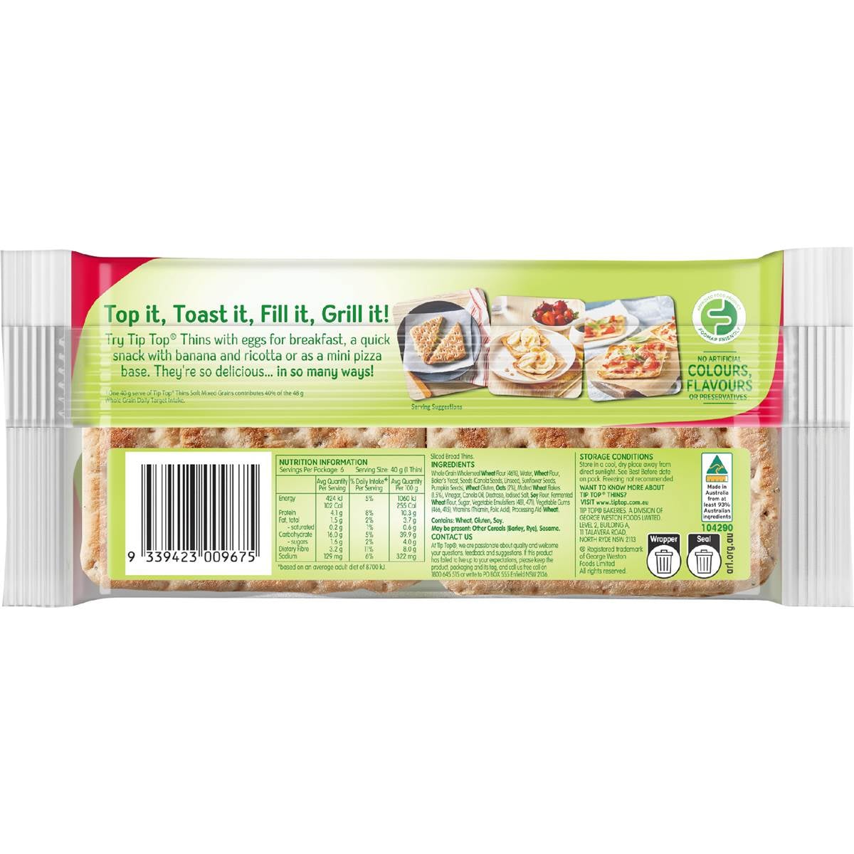 Tip Top Bakery Sandwich Thins Mixed Grain 6 Pack Woolworths