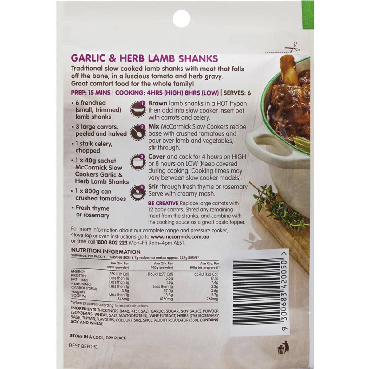 Mccormicks Slow Cookers Garlic & Herb Lamb Shanks 40g Woolworths
