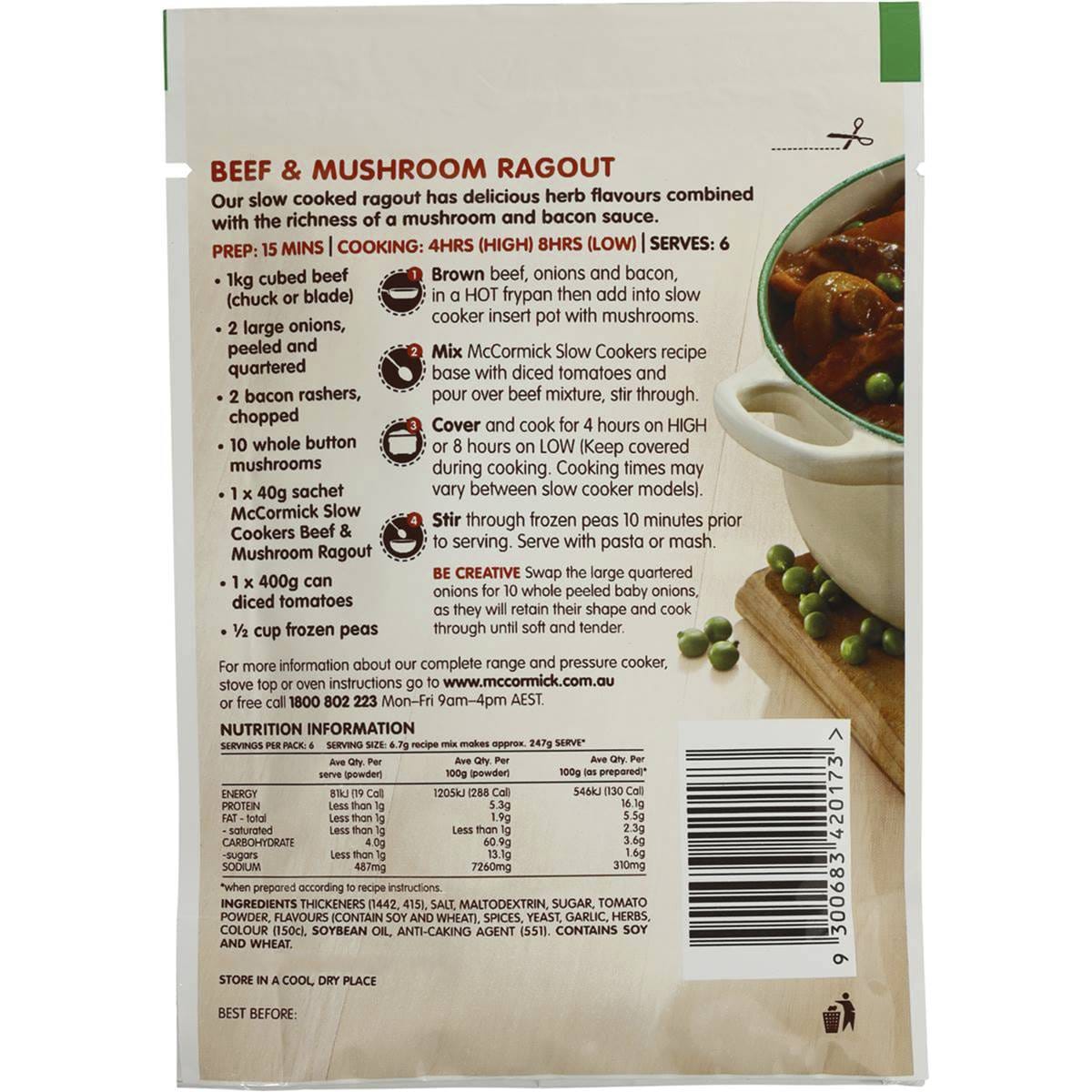 Mccormicks Slow Cookers Beef & Mushroom Ragout 40g Woolworths