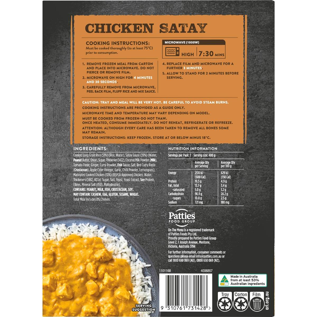 On The Menu Satay Chicken & Rice 400g Woolworths
