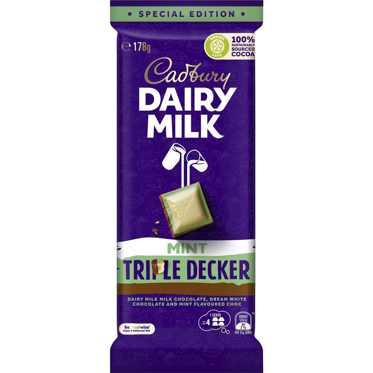 Cadbury Dairy Milk Mint Triple Decker Chocolate Block 178g Woolworths