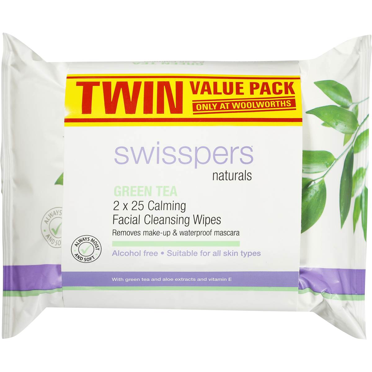 Swisspers Facial Wipes Green Tea 2x25pk Woolworths