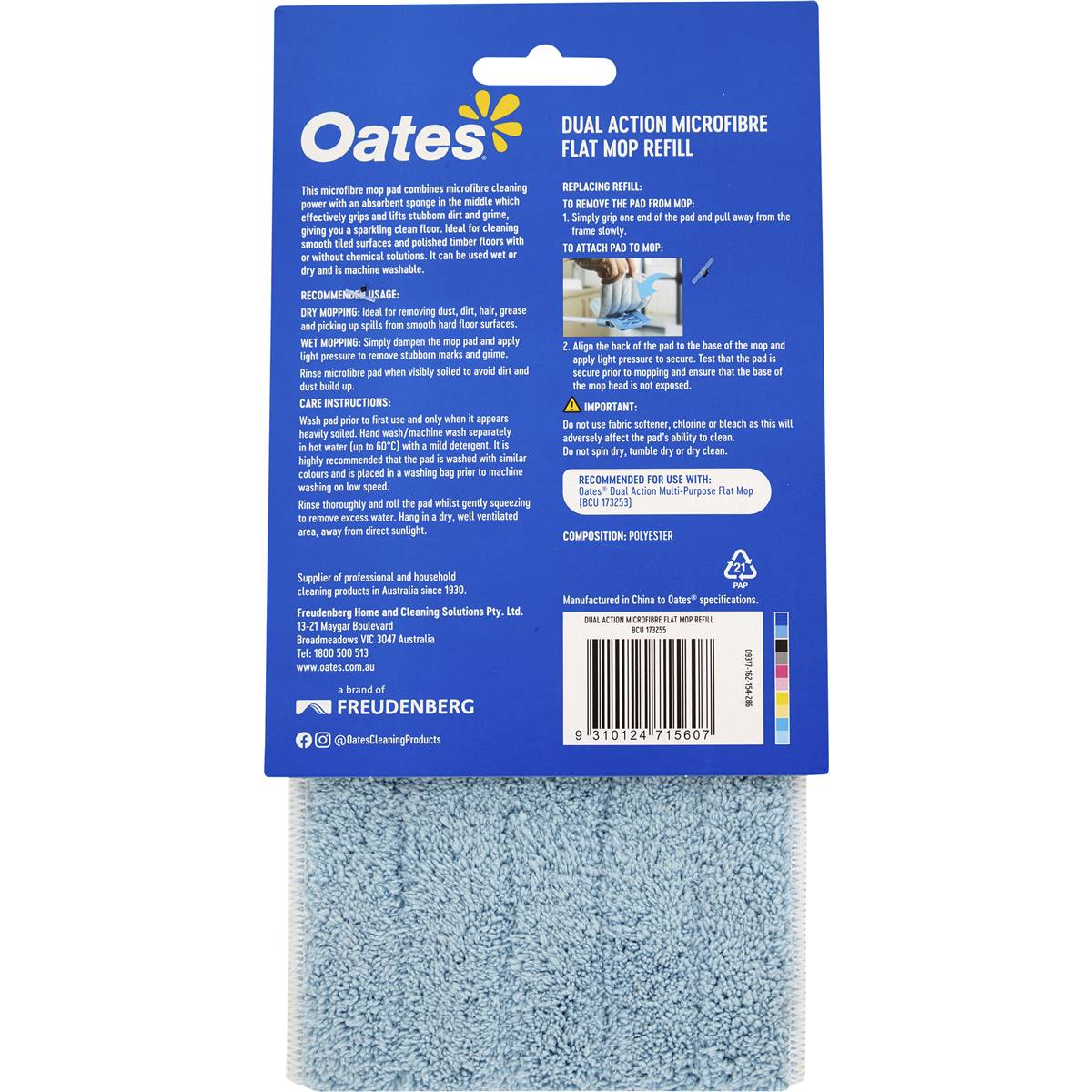 Oates Dual Action Microfibre Flat Mop Refill Each Woolworths