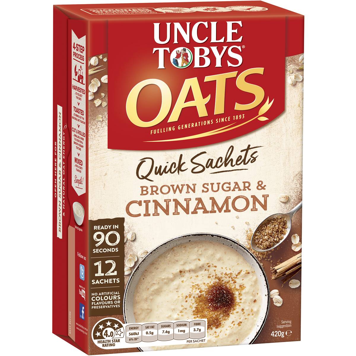 Uncle Tobys Oats Quick Sachets Brownsugar & Cinnamon Porridge 420g