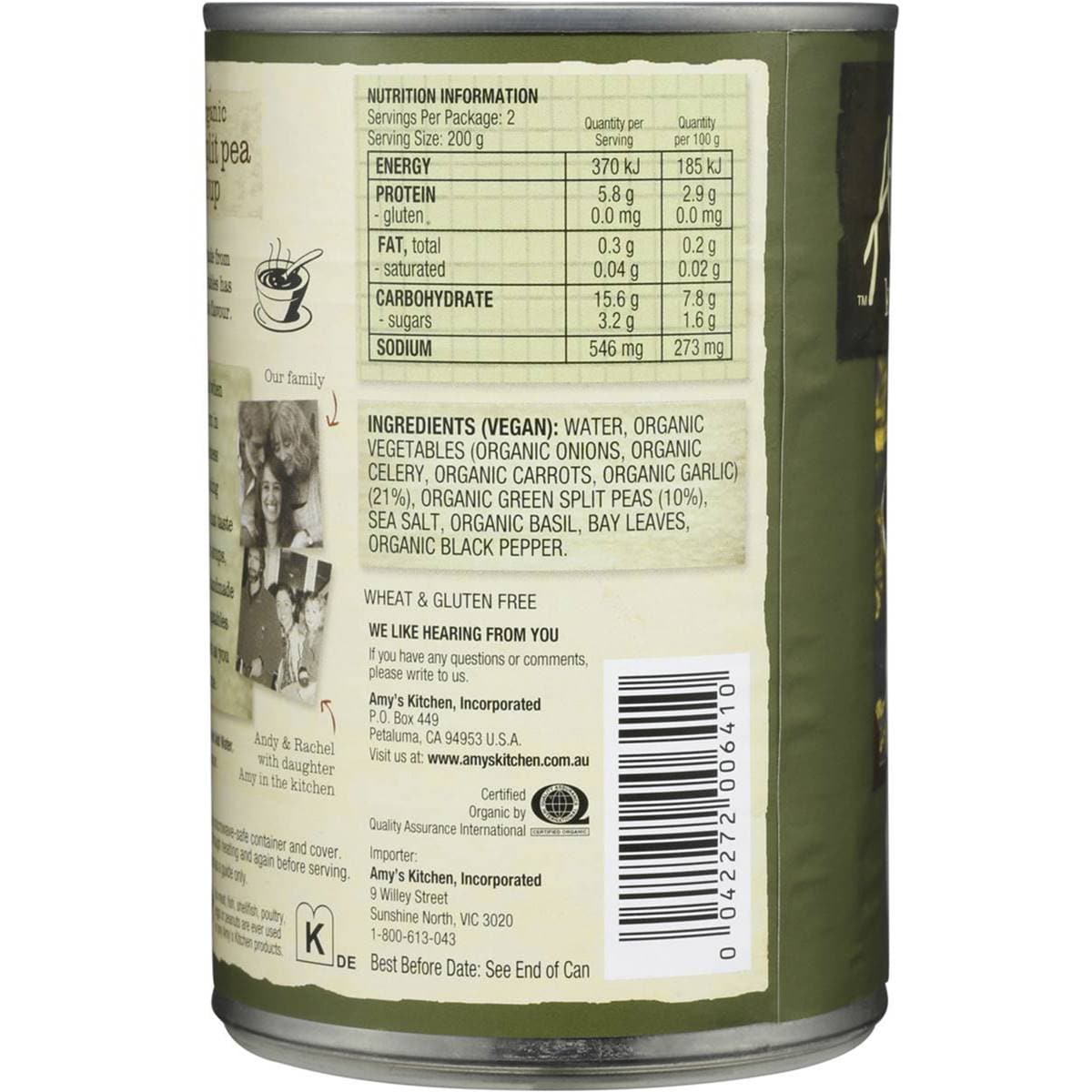 Amy's Kitchen Soup Split Pea 400g Woolworths