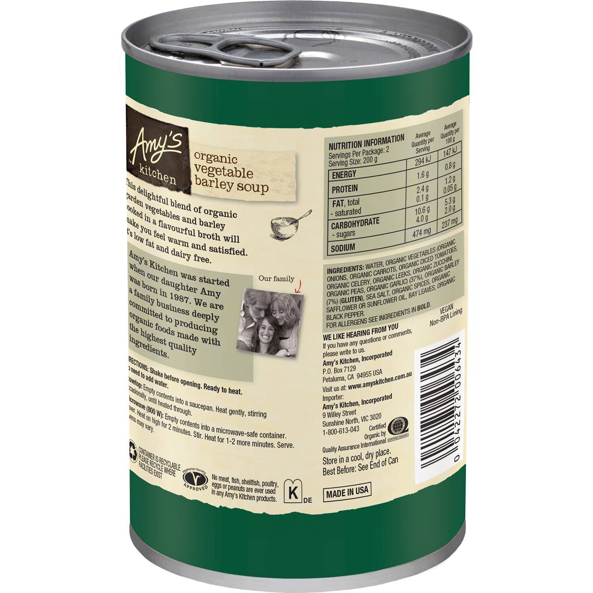 Amy's Kitchen Organic Vegetable Barley Soup 400g Woolworths