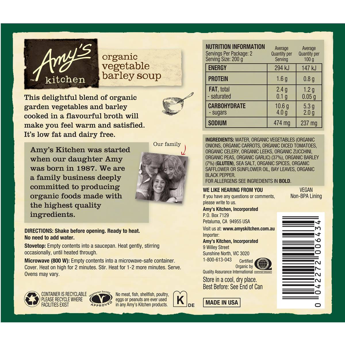 Amy's Kitchen Organic Vegetable Barley Soup 400g Woolworths
