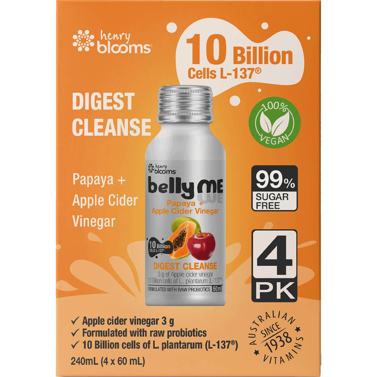 Bellyup Digest Cleanse Papaya & Apple Cider Vinegar 60ml X 4 Pack