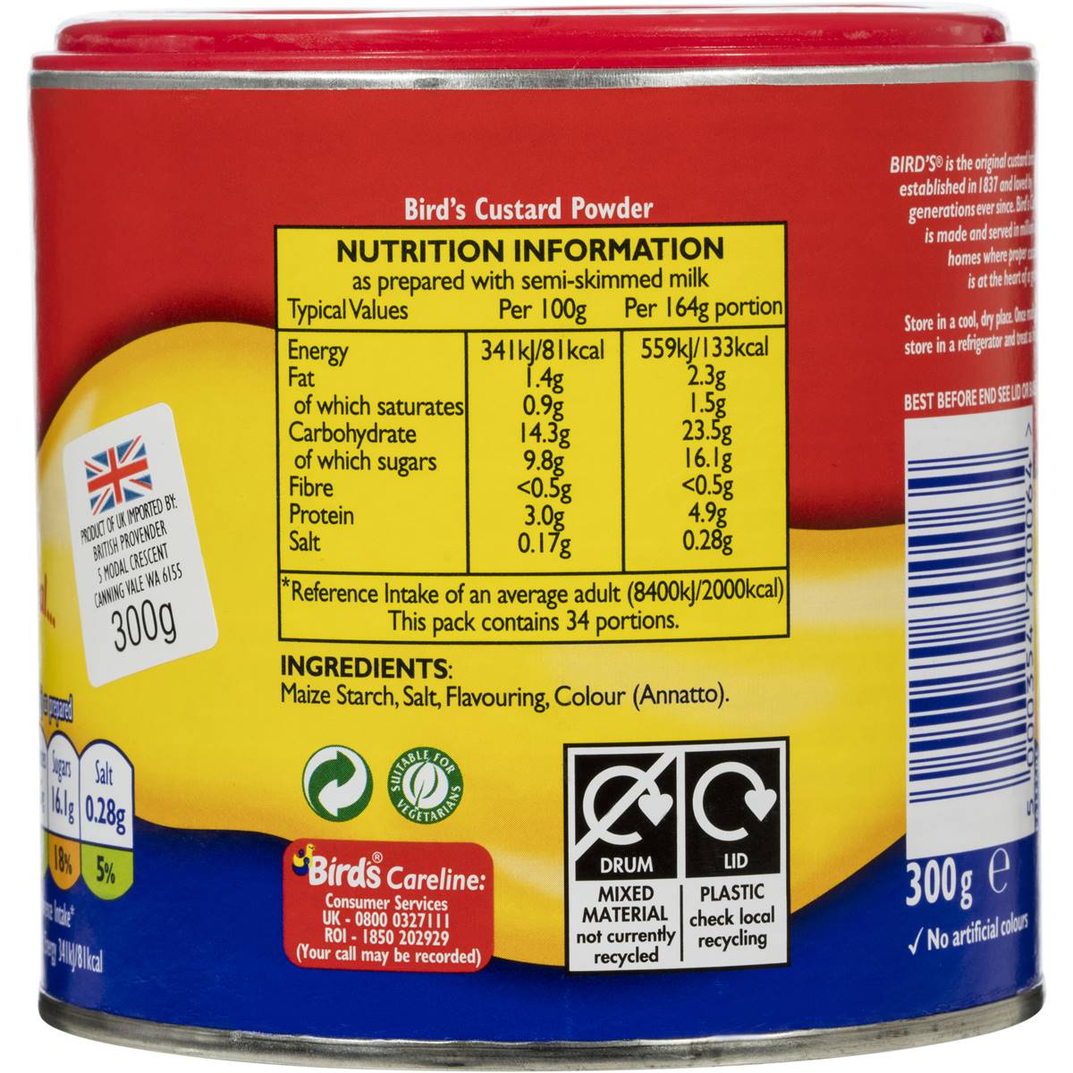 Birds Ingredients Custard Powder 300g Woolworths