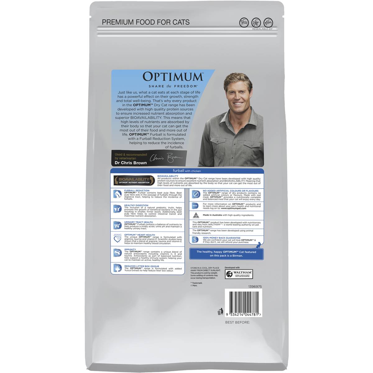 Optimum Furball With Chicken 1+ Years Dry Cat Food 3kg Woolworths