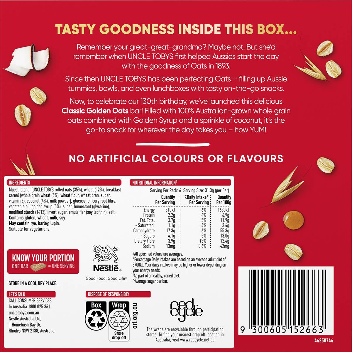 Uncle Tobys Classic Muesli Bar Golden Oats 6 Pack Woolworths