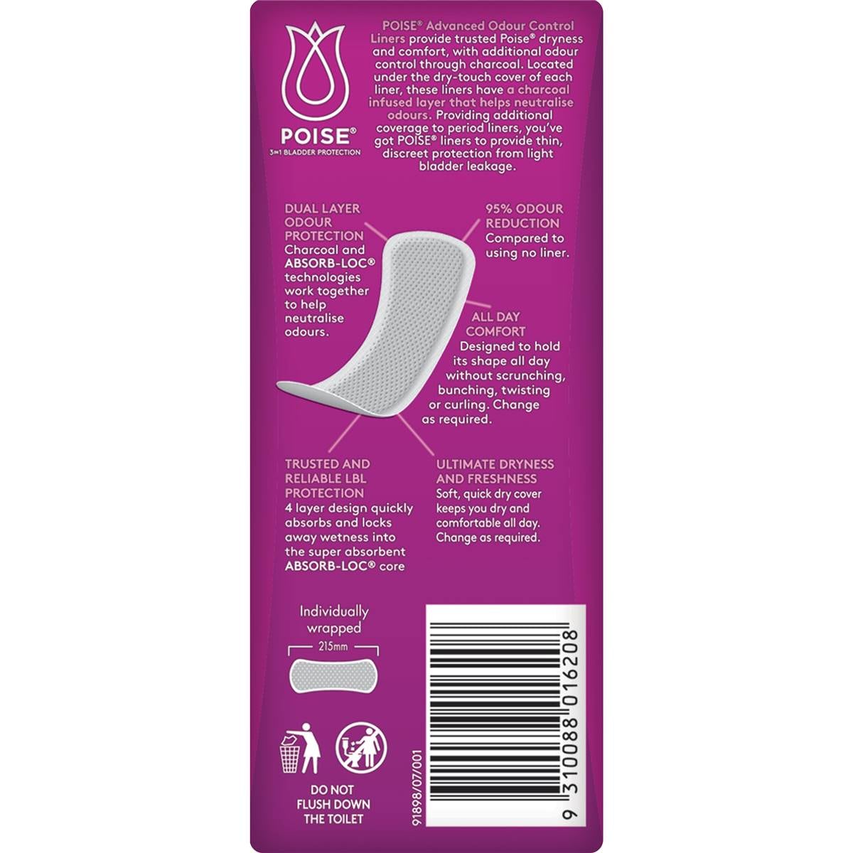 Poise Charcoal Extra Long Panty Liners 20 Pack Woolworths