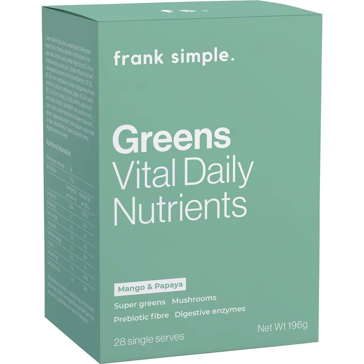Frank Simple. Greens Vital Daily Nutrients Mango & Papaya Sachets 28