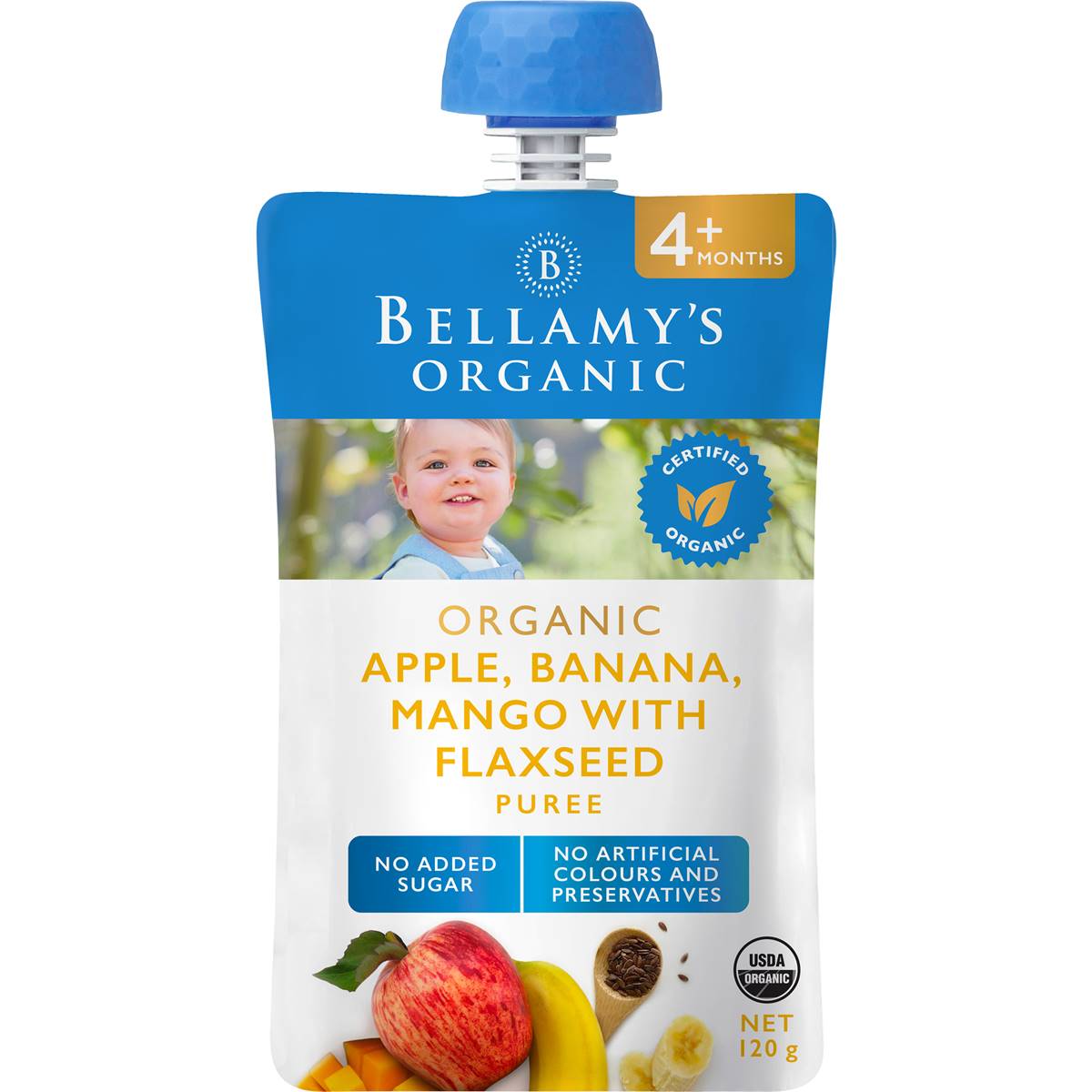 Bellamys Organic Apple, Banana, Mango With Flaxseed Puree 120g Woolworths
