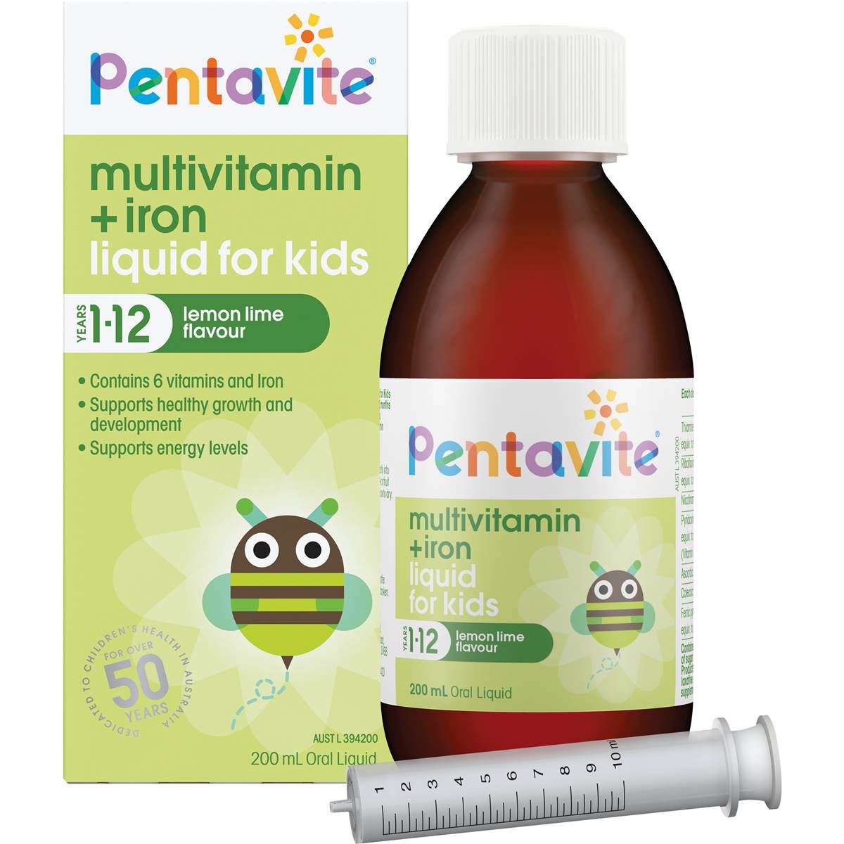 Pentavite Multivitamin + Iron Kids Liquid Lemon Lime 200ml Woolworths