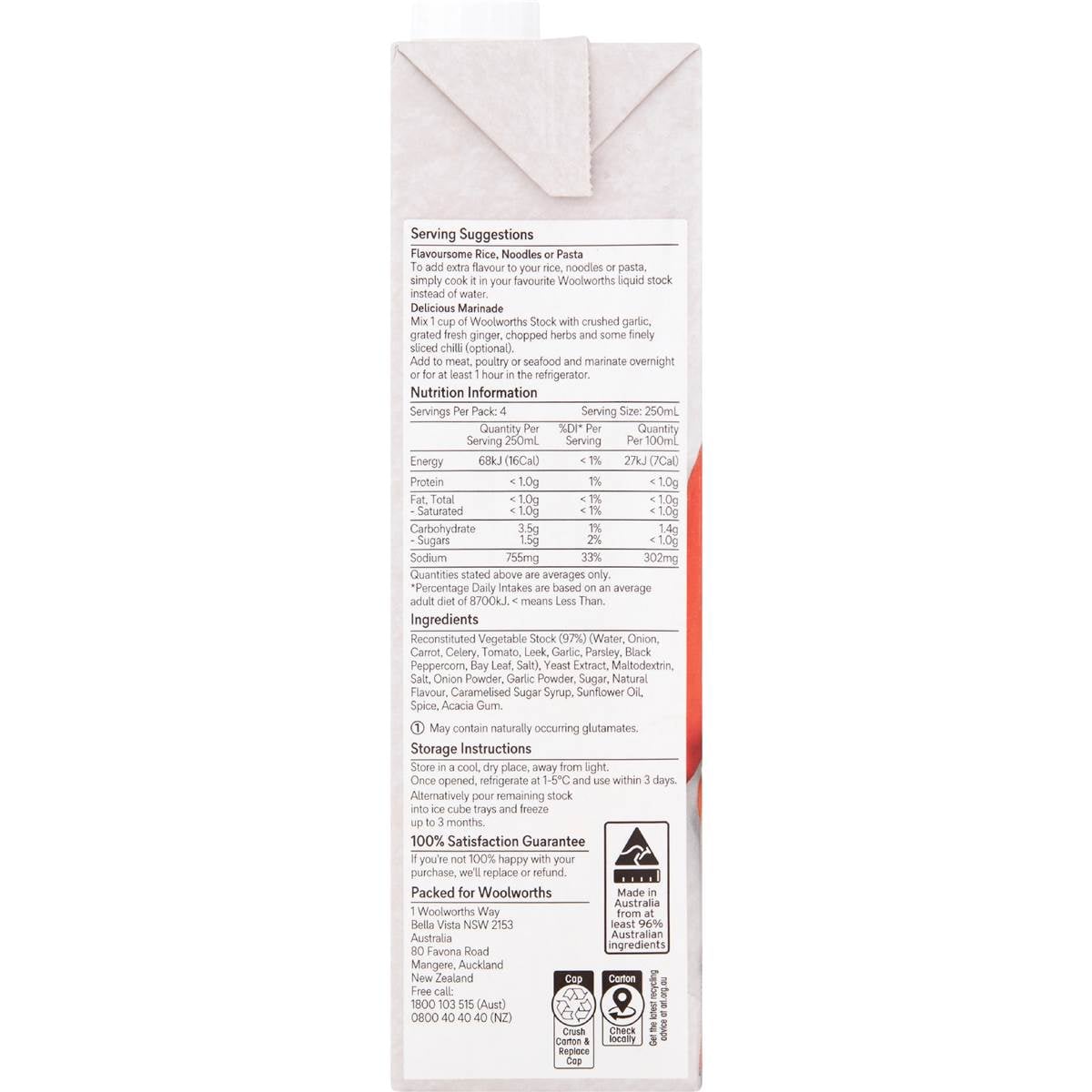 Woolworths Vegetable Liquid Stock 1l Woolworths