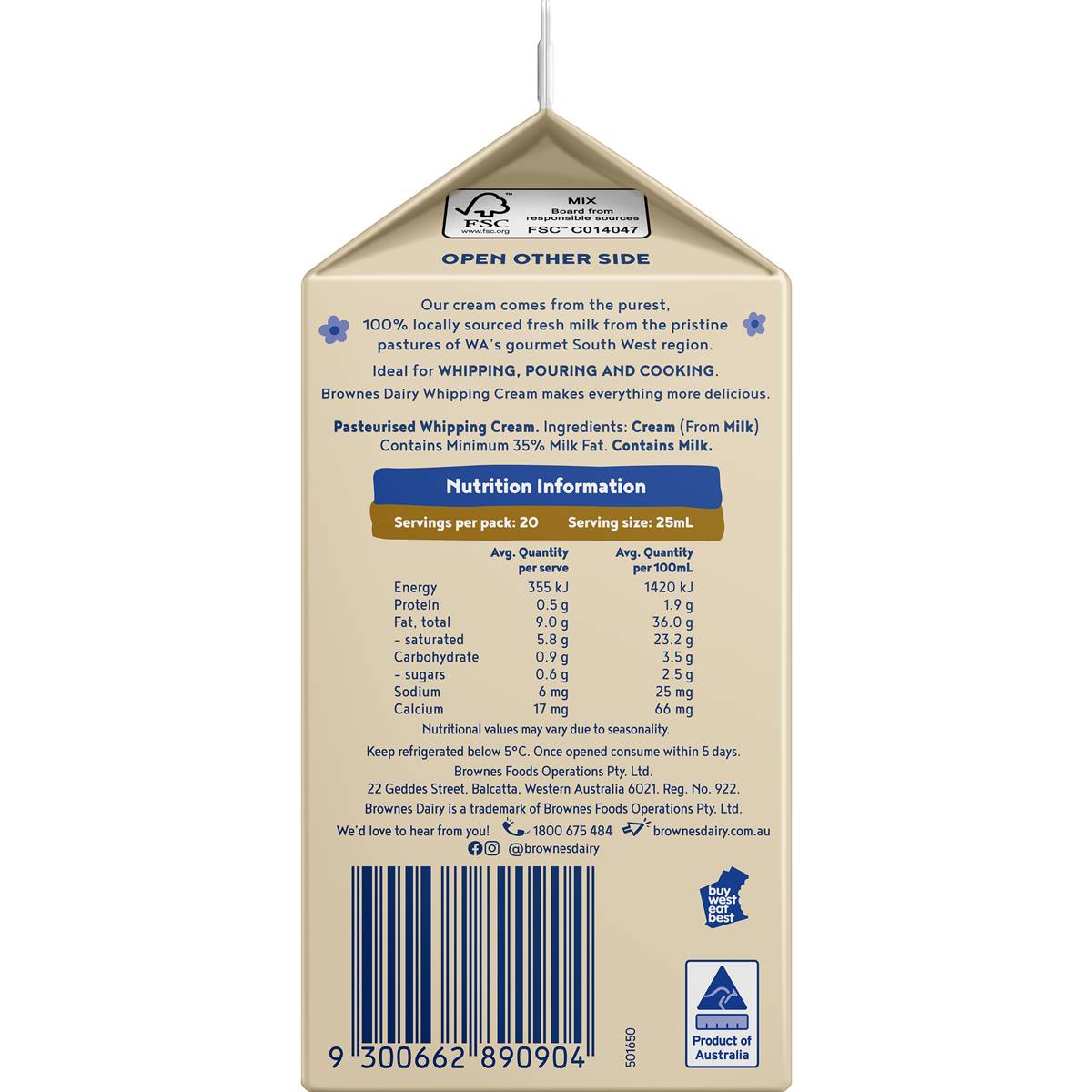 Brownes Dairy Pure Whipping Cream 500ml Woolworths