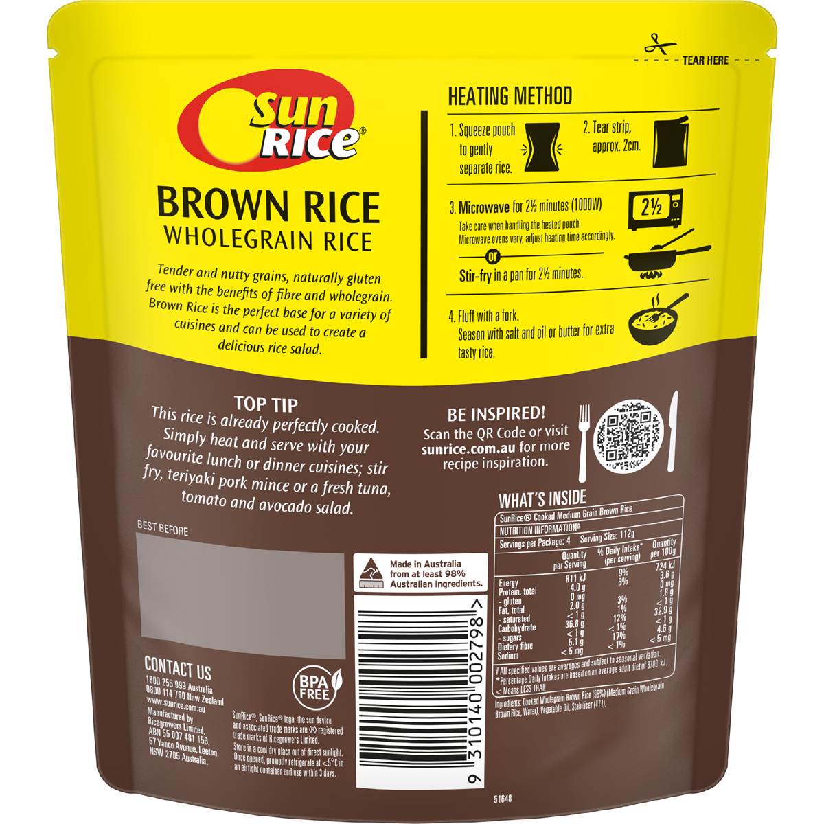 Sunrice Microwave Brown Rice Pouch 450g Woolworths
