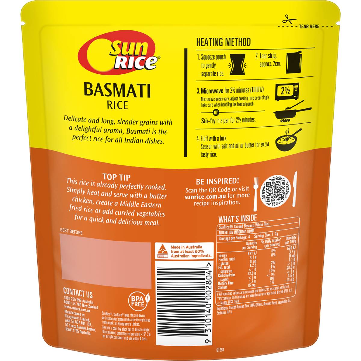 Sunrice Microwave Basmati Rice Pouch 450g Woolworths