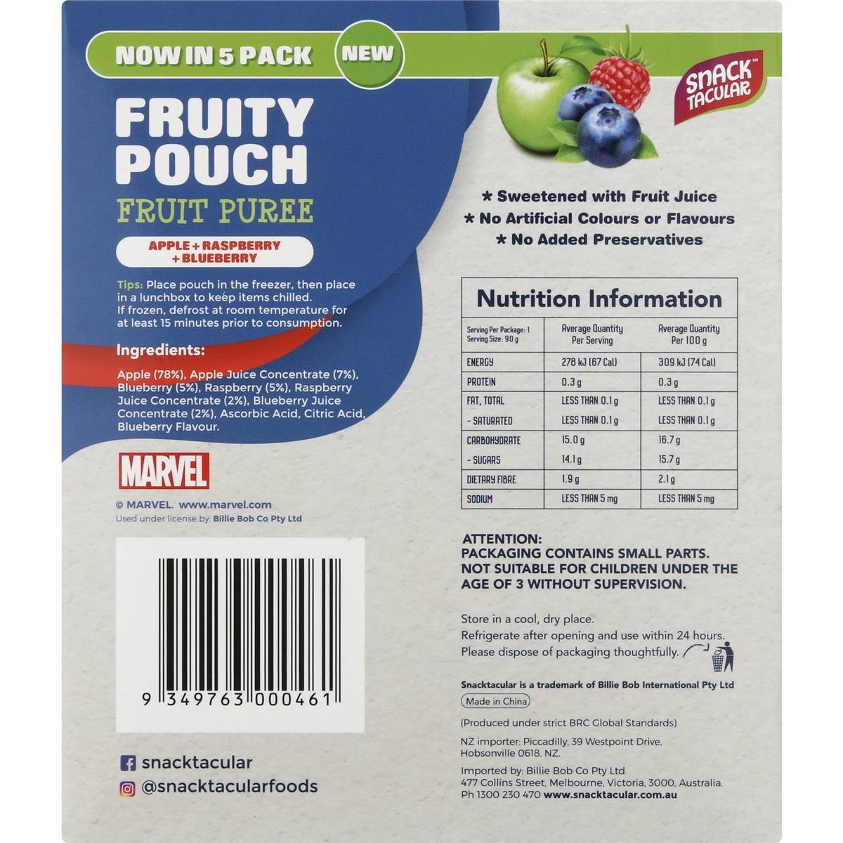 Snacktacular Fruit Pouch Apple, Raspberry & Blueberry Puree 90g X 5 Pack Woolworths