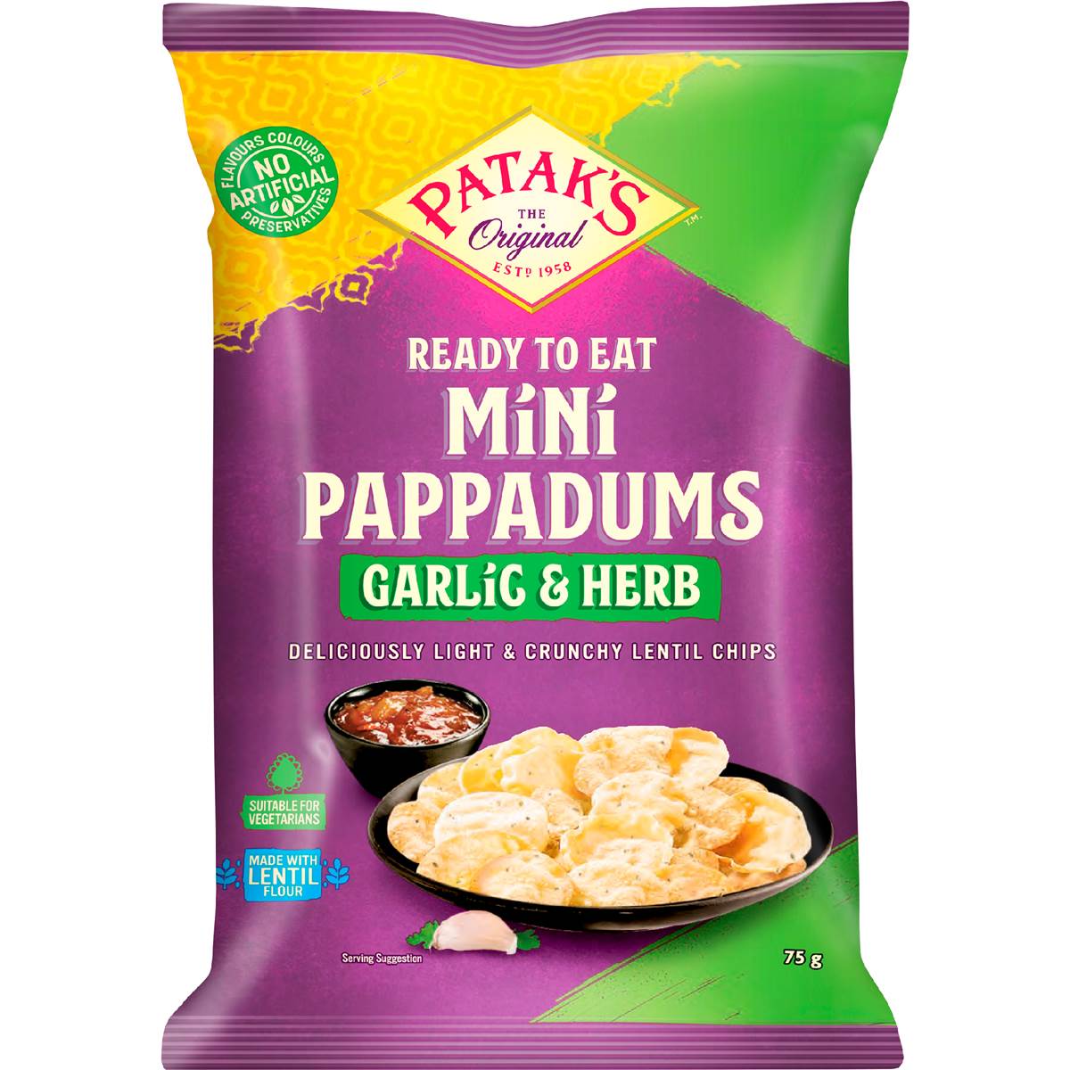 Patak's Ready To Eat Mini Pappadums Garlic & Herb 75g
