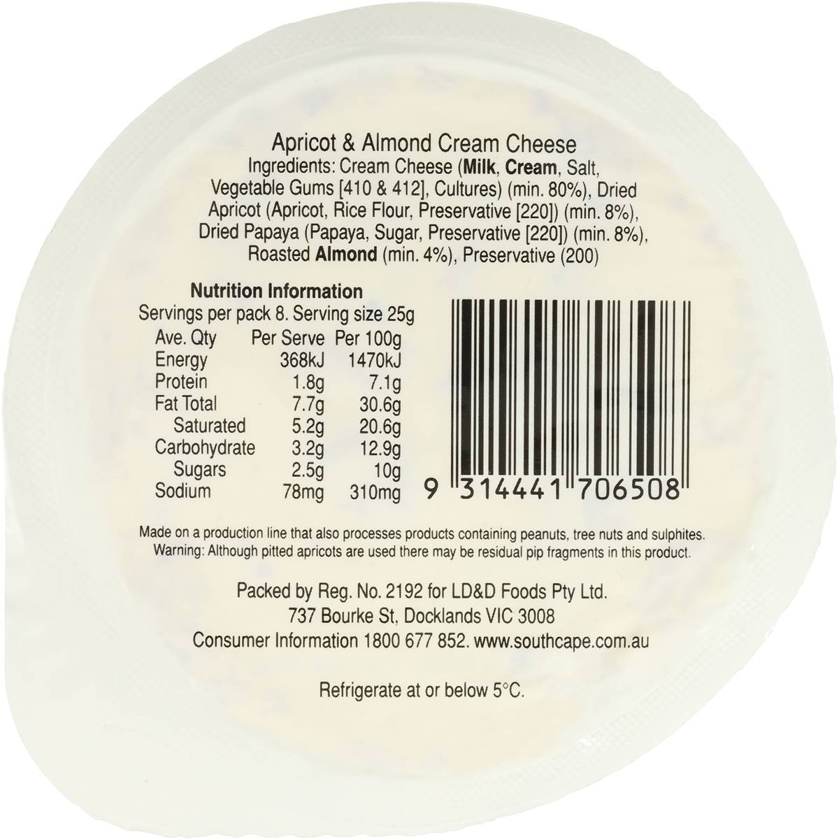 South Cape Apricot & Almond Cream Cheese 200g Woolworths