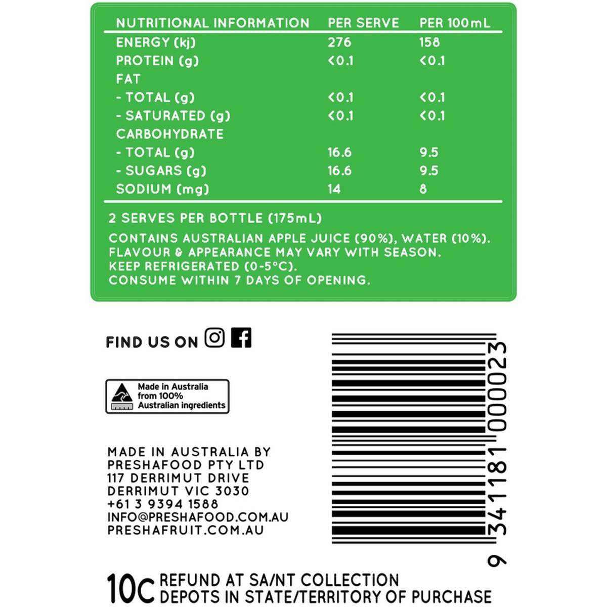 Preshafruit Cold Pressed Granny Smith Apple Juice 350ml Woolworths