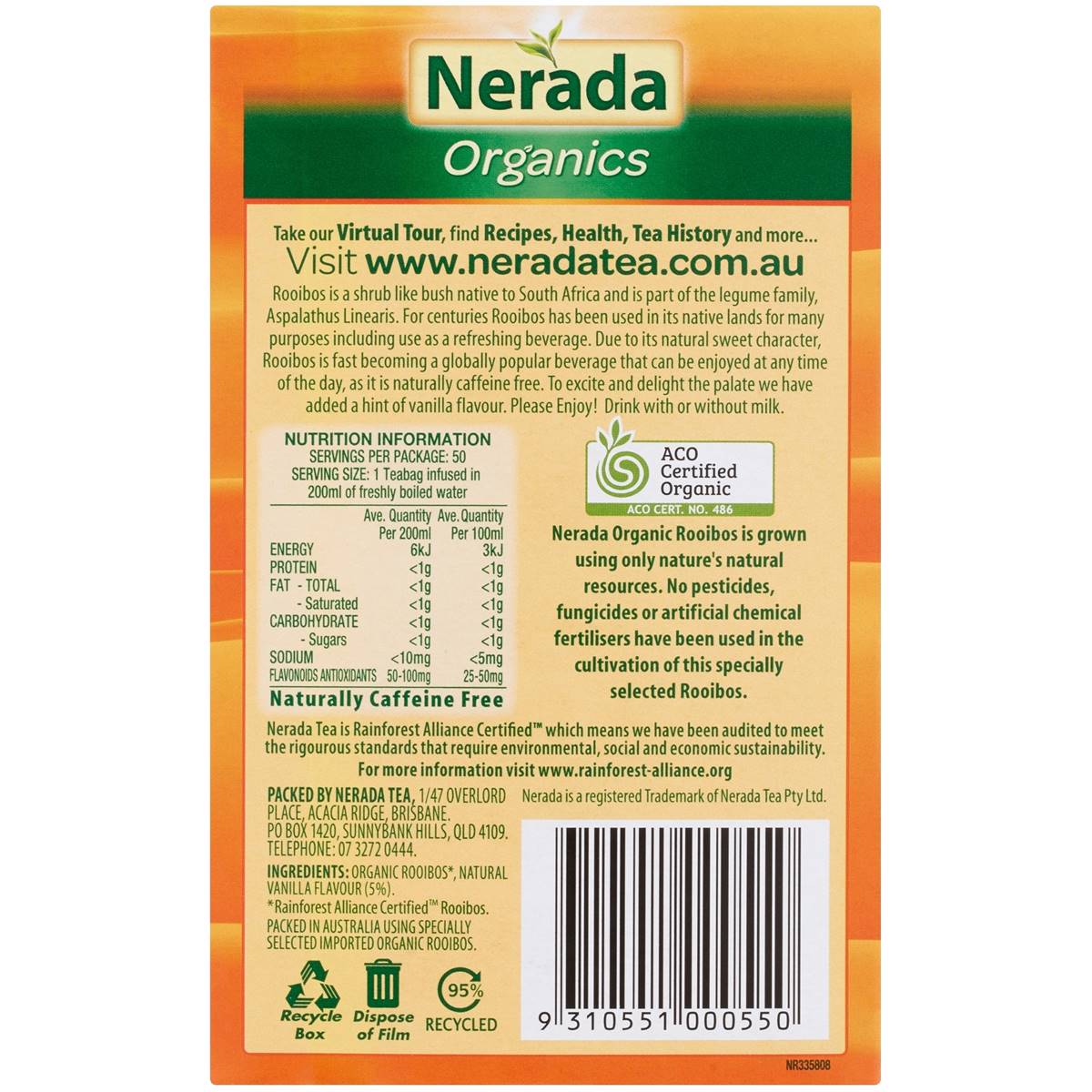 Nerada Organic Rooibos & Vanilla Tea Bags 50 Pack Woolworths