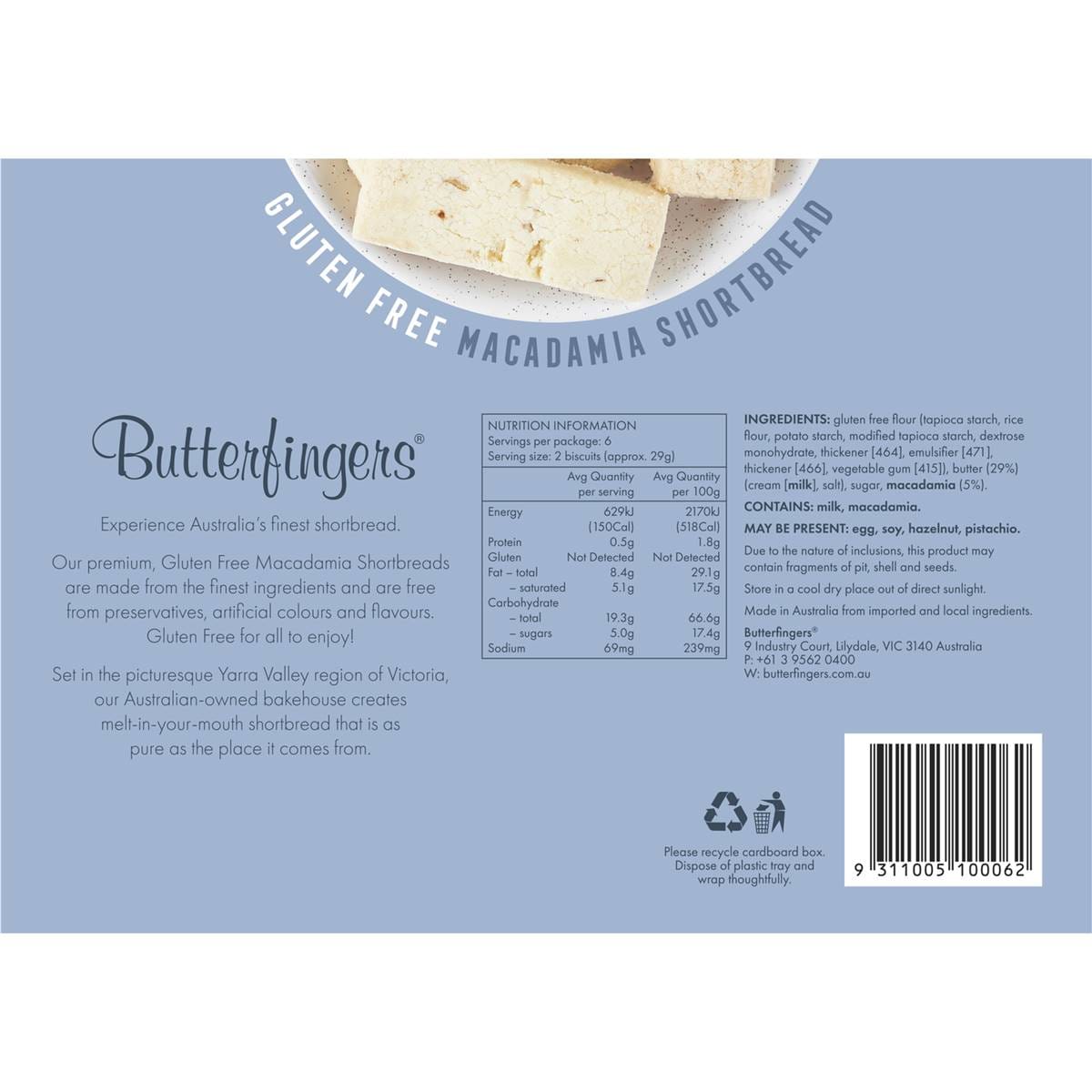 Butterfingers Gluten Free Shortbread Biscuits Macadamia 175g Woolworths