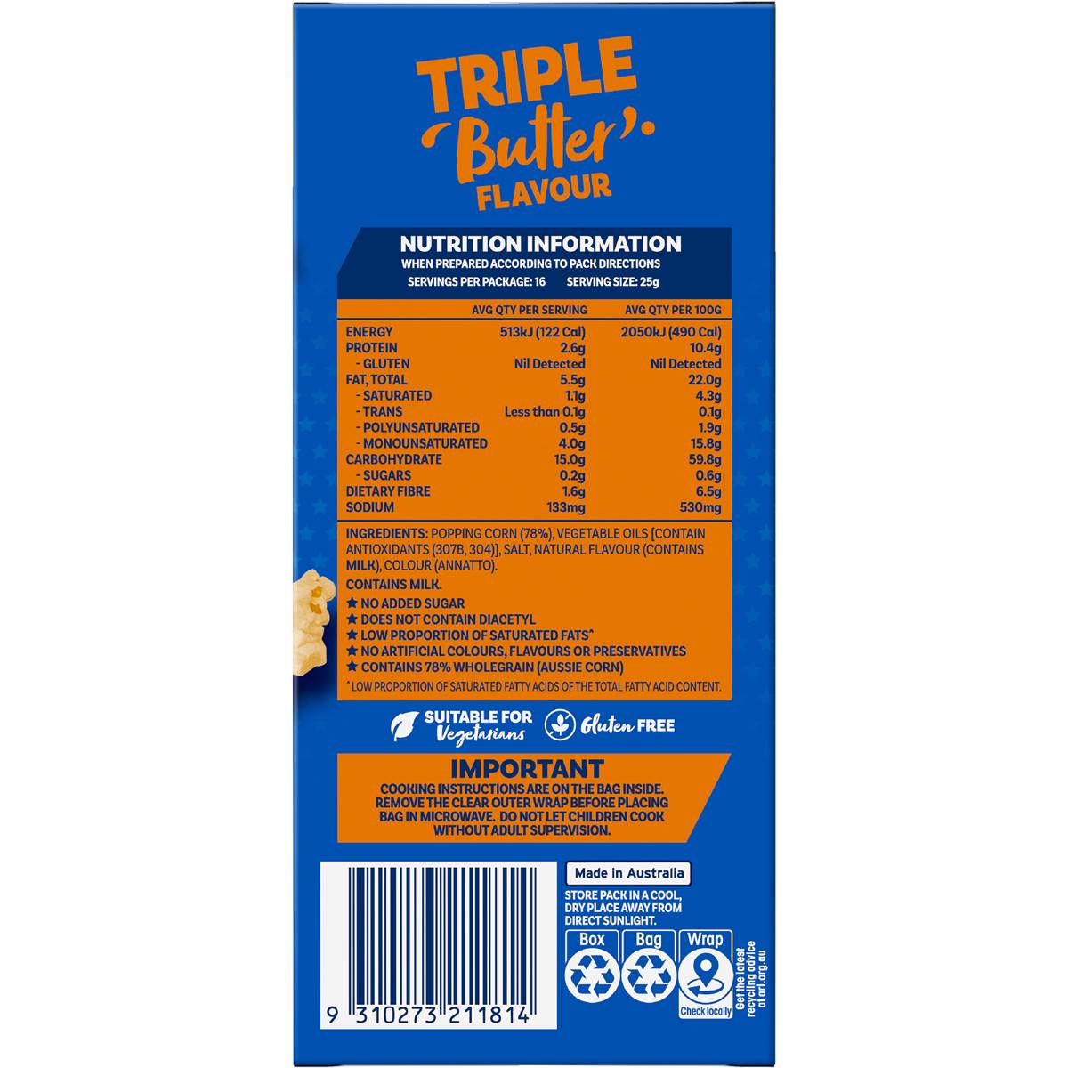 Poppin Microwave Popcorn Triple Butter Flavour 4pk 400g Woolworths