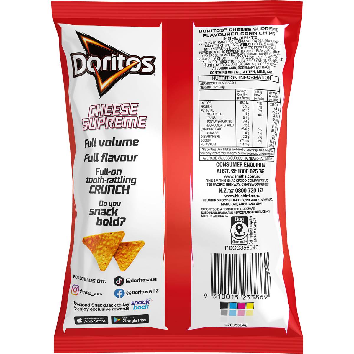 Doritos Corn Chips Cheese Supreme 45g Woolworths