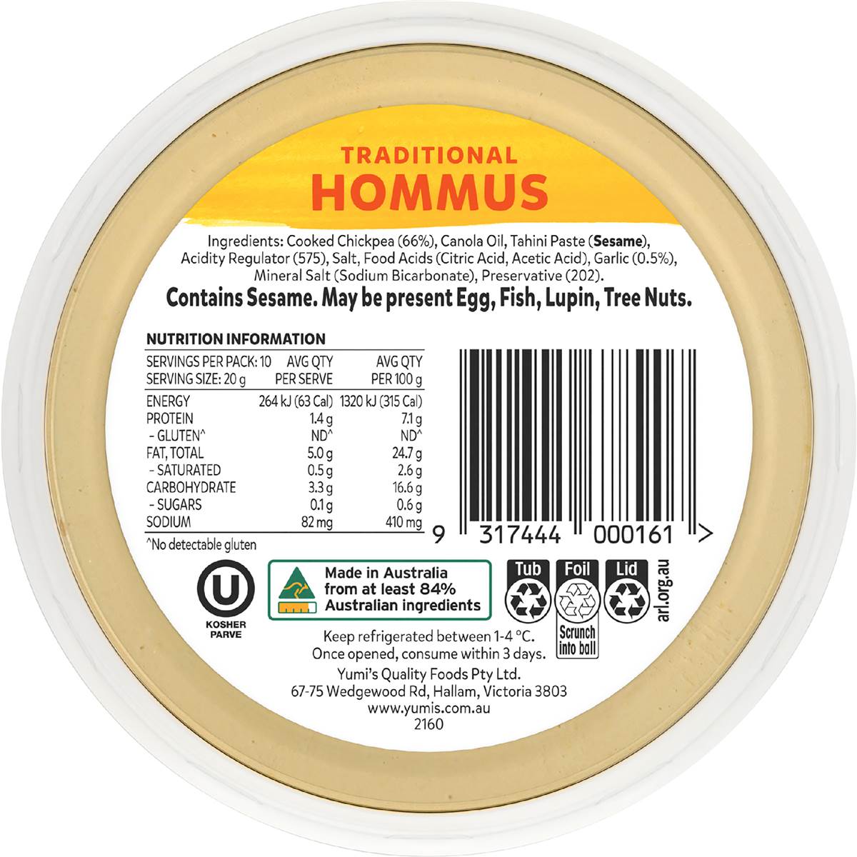 Yumi's Traditional Middle Eastern Hommus Dip 200g Woolworths