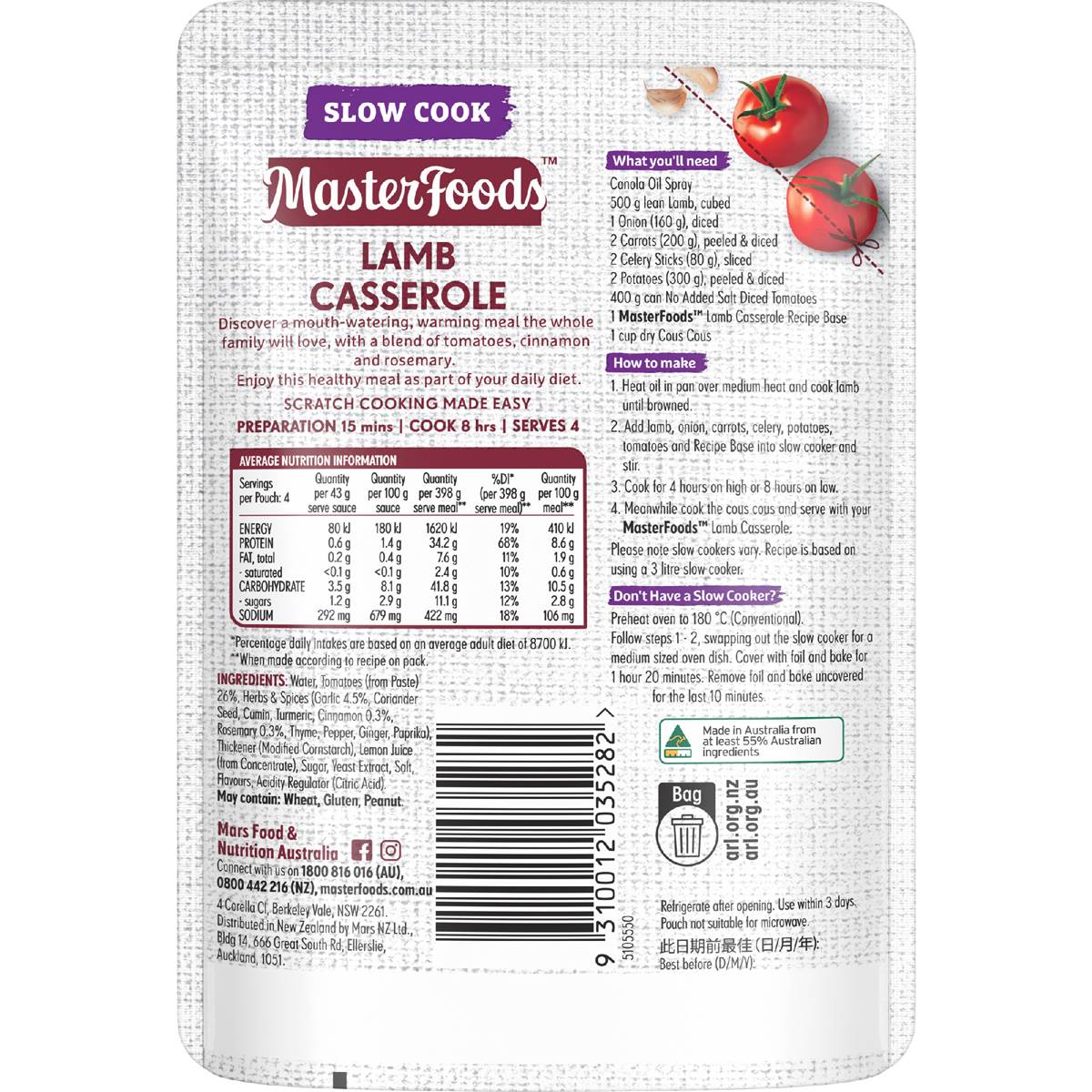 Masterfoods Lamb Casserole Slow Cook Recipe Base 175g Woolworths